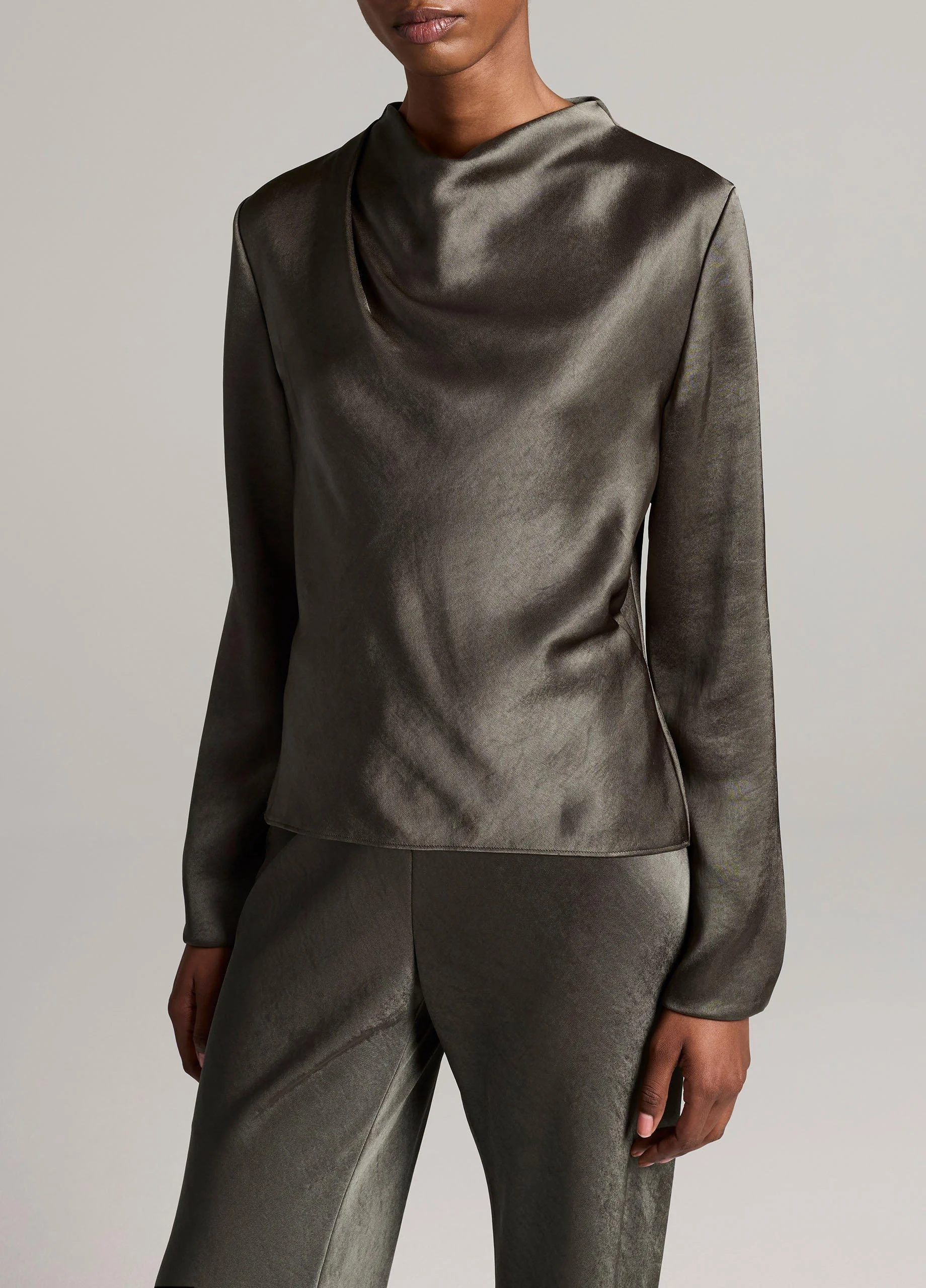 Satin Draped Cowl-Neck Long-Sleeve Top - 1