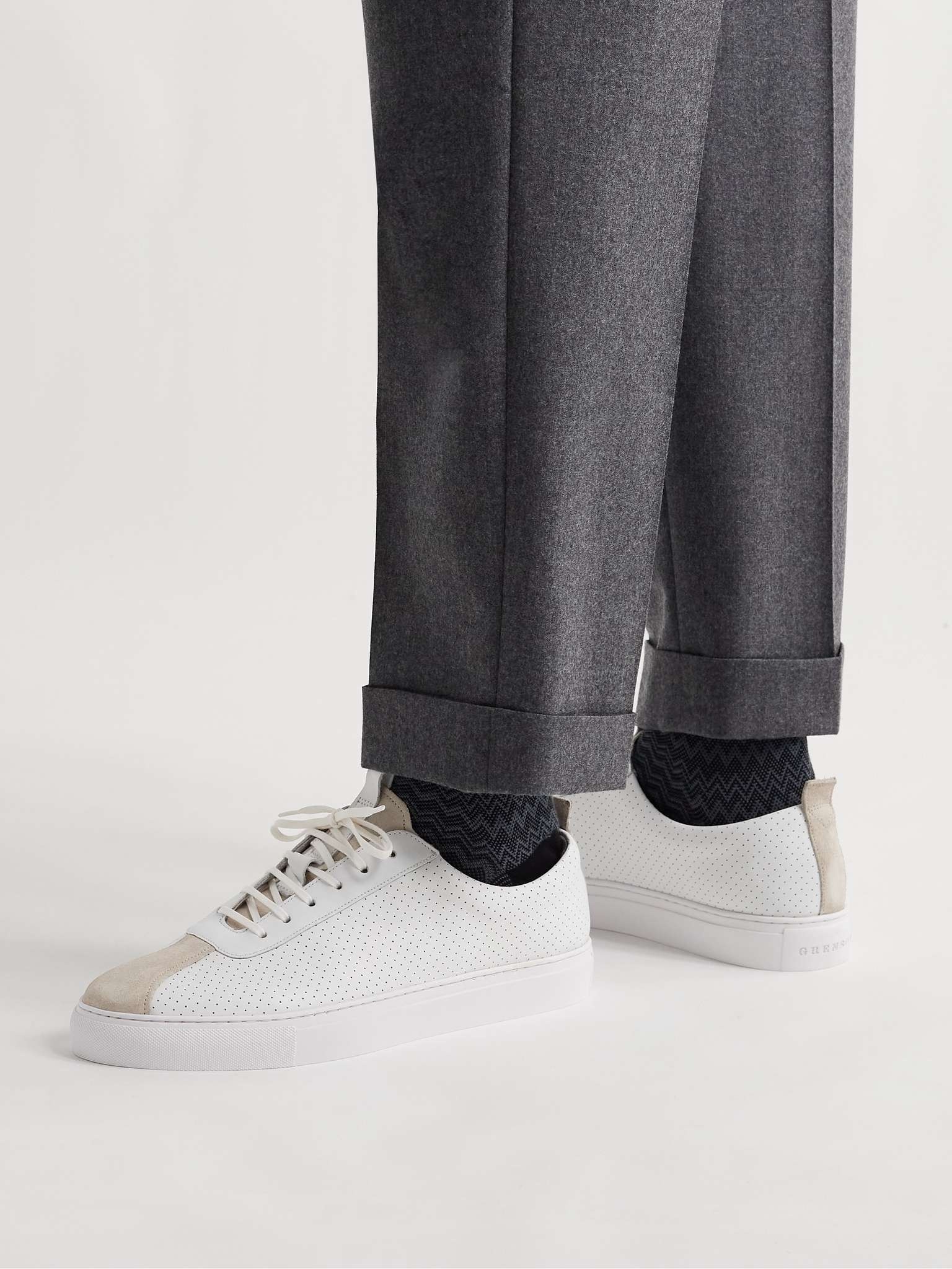 Suede-Trimmed Perforated Leather Sneakers - 2