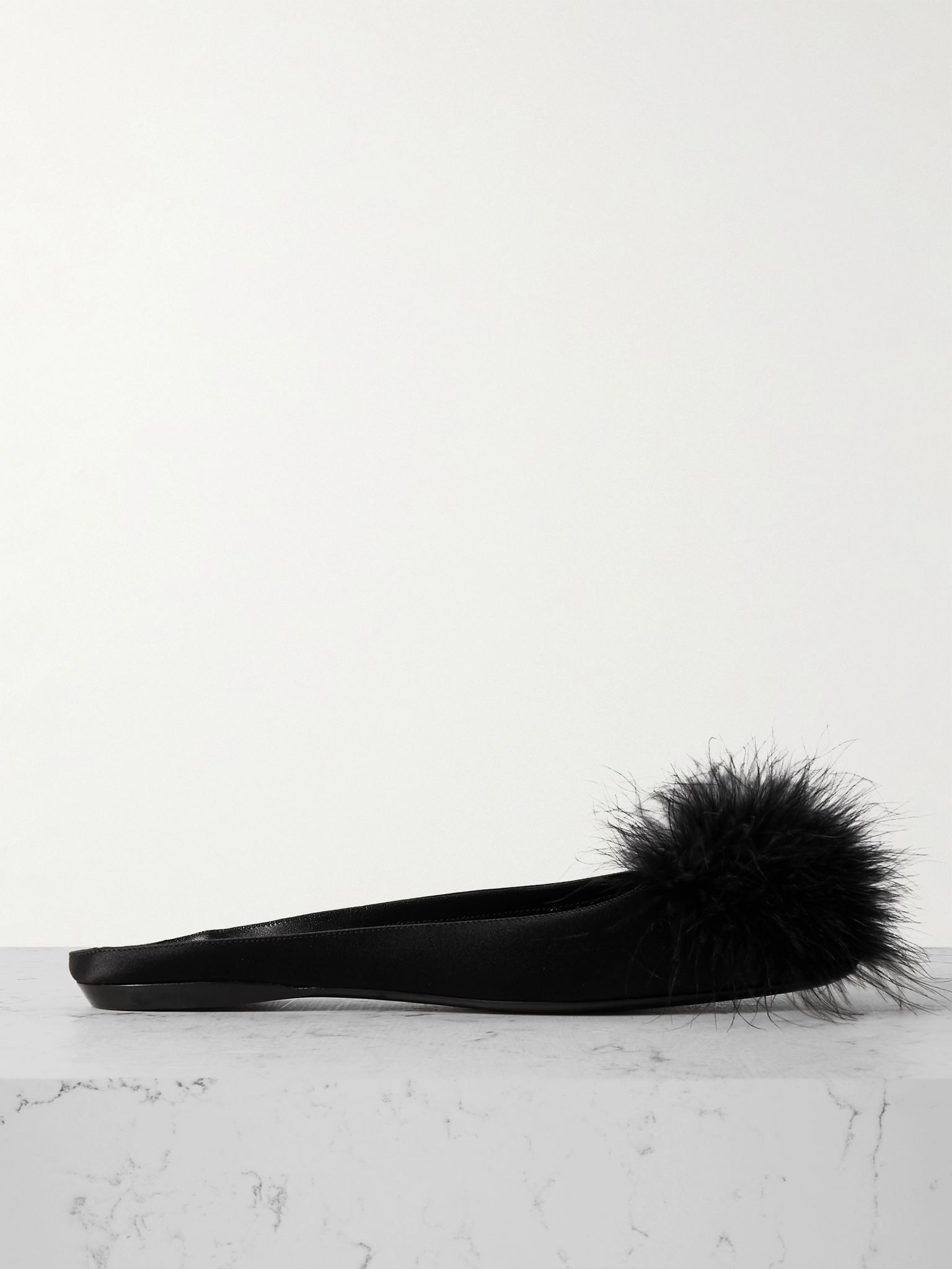 Lido feather-trimmed satin slippers Black - 1