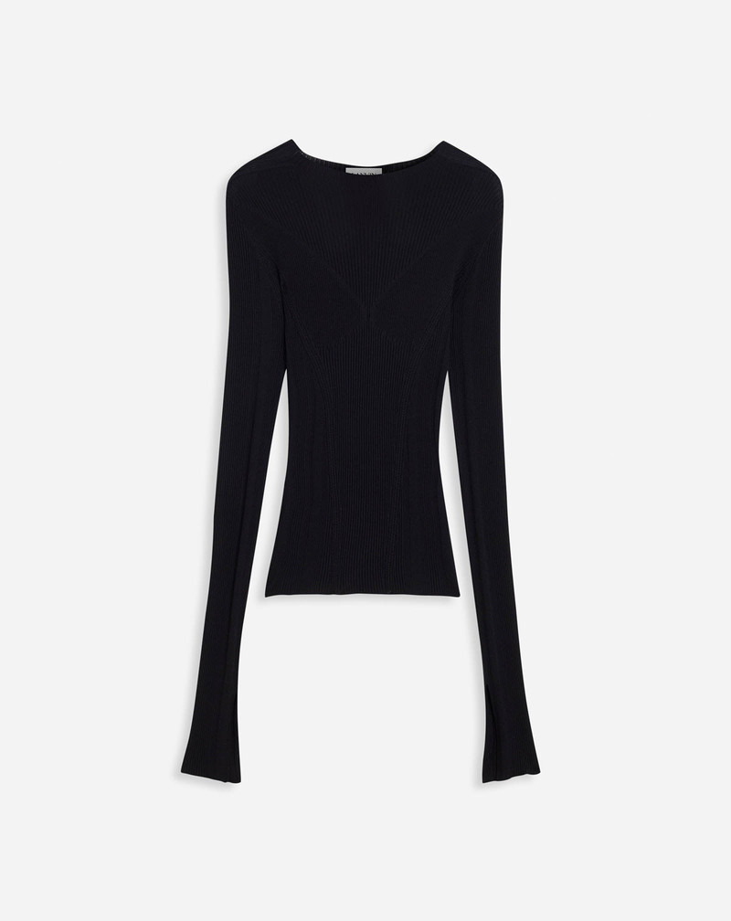 ROUND NECK LONG SLEEVE RIBBED TOP IN SILK AND CASHMERE - 1