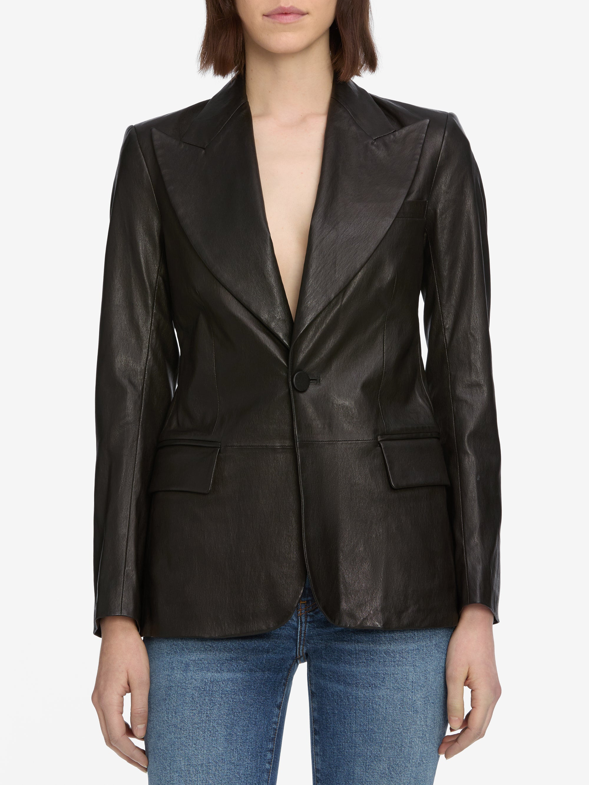 The Peak Lapel Leather Blazer in Black - 3