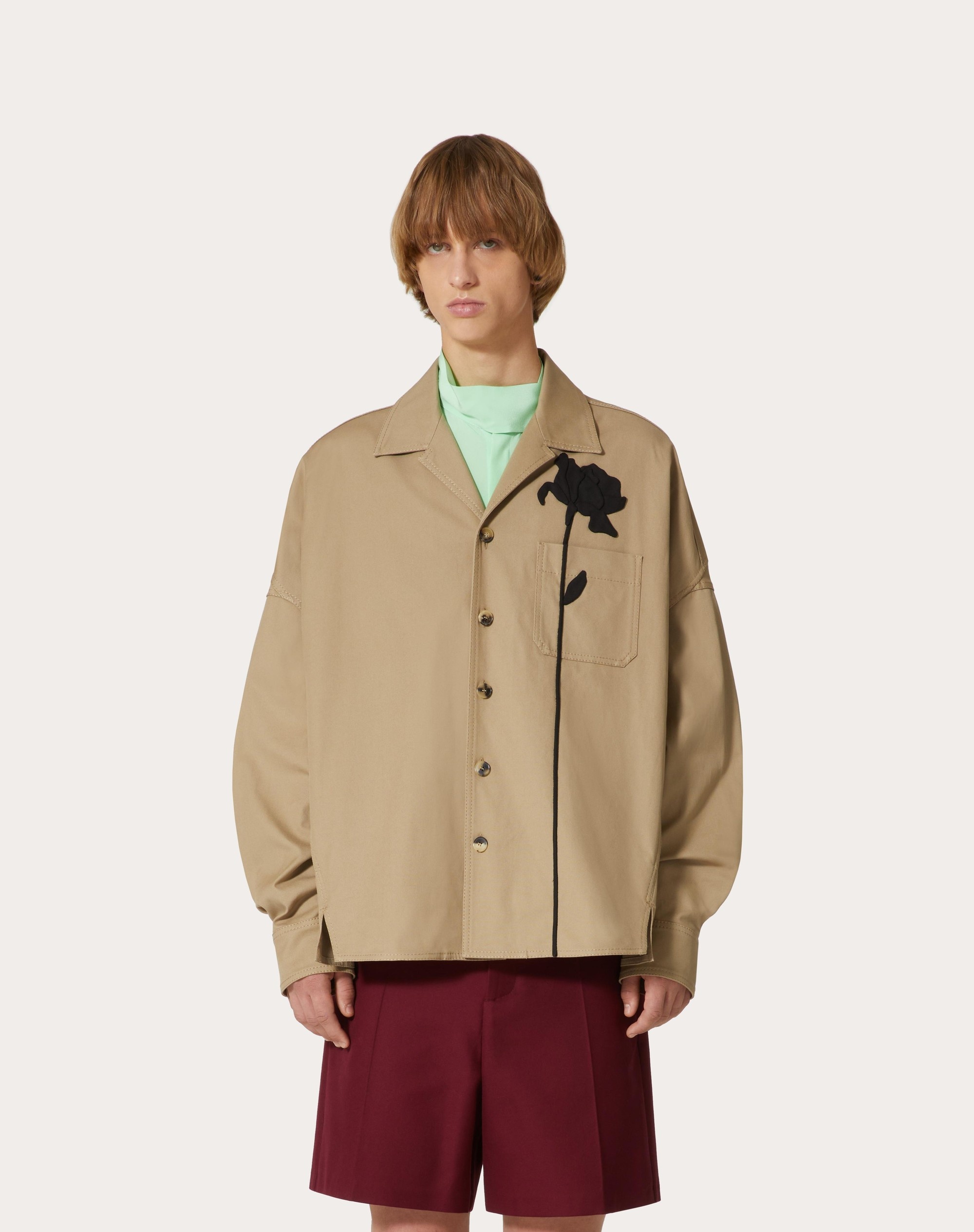 STRETCH COTTON CANVAS SHIRT JACKET WITH FLOWER EMBROIDERY - 3