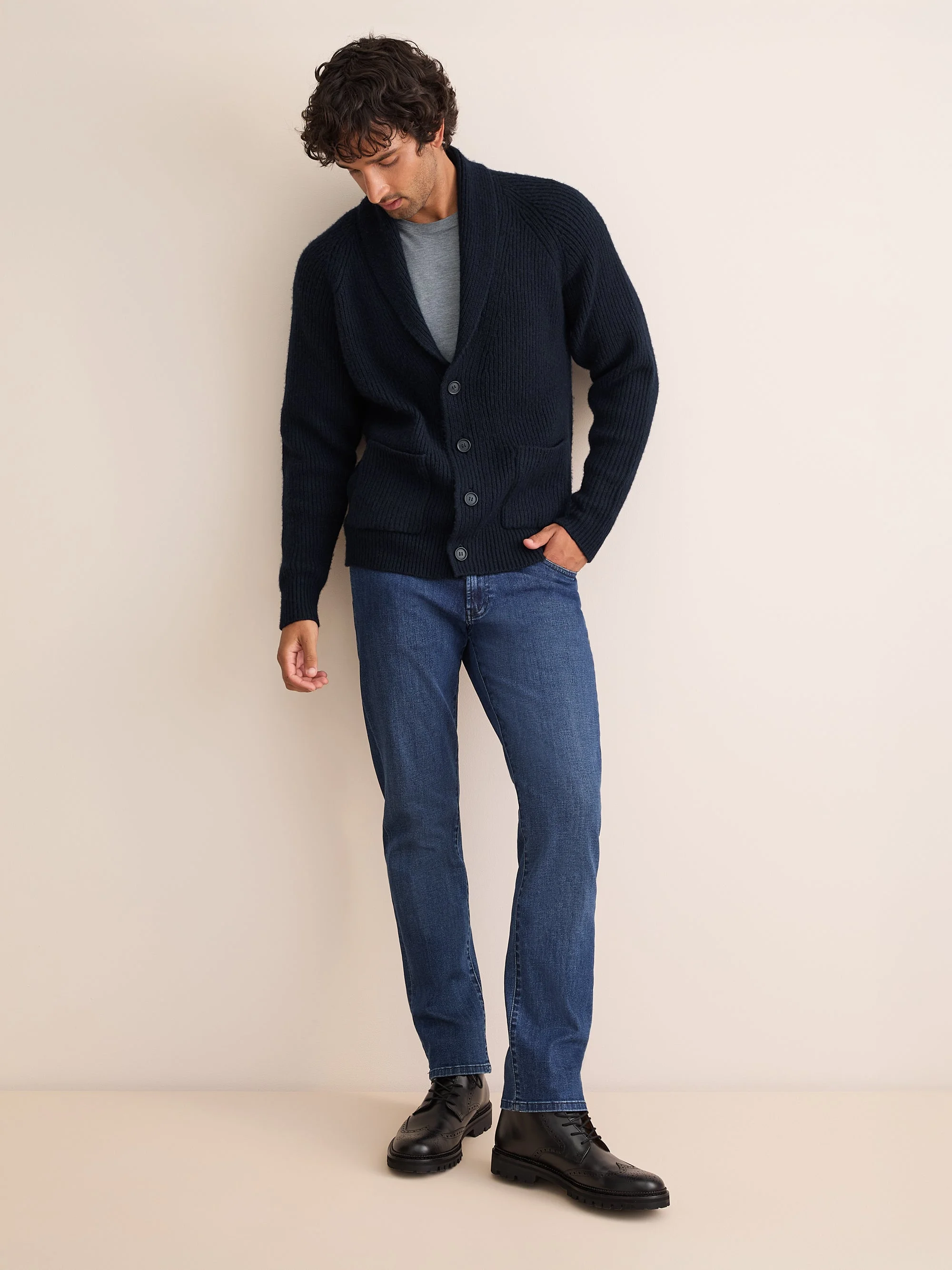 Arthur Wool Cashmere Ribbed Shawl Collar Cardigan Navy Blue - 1