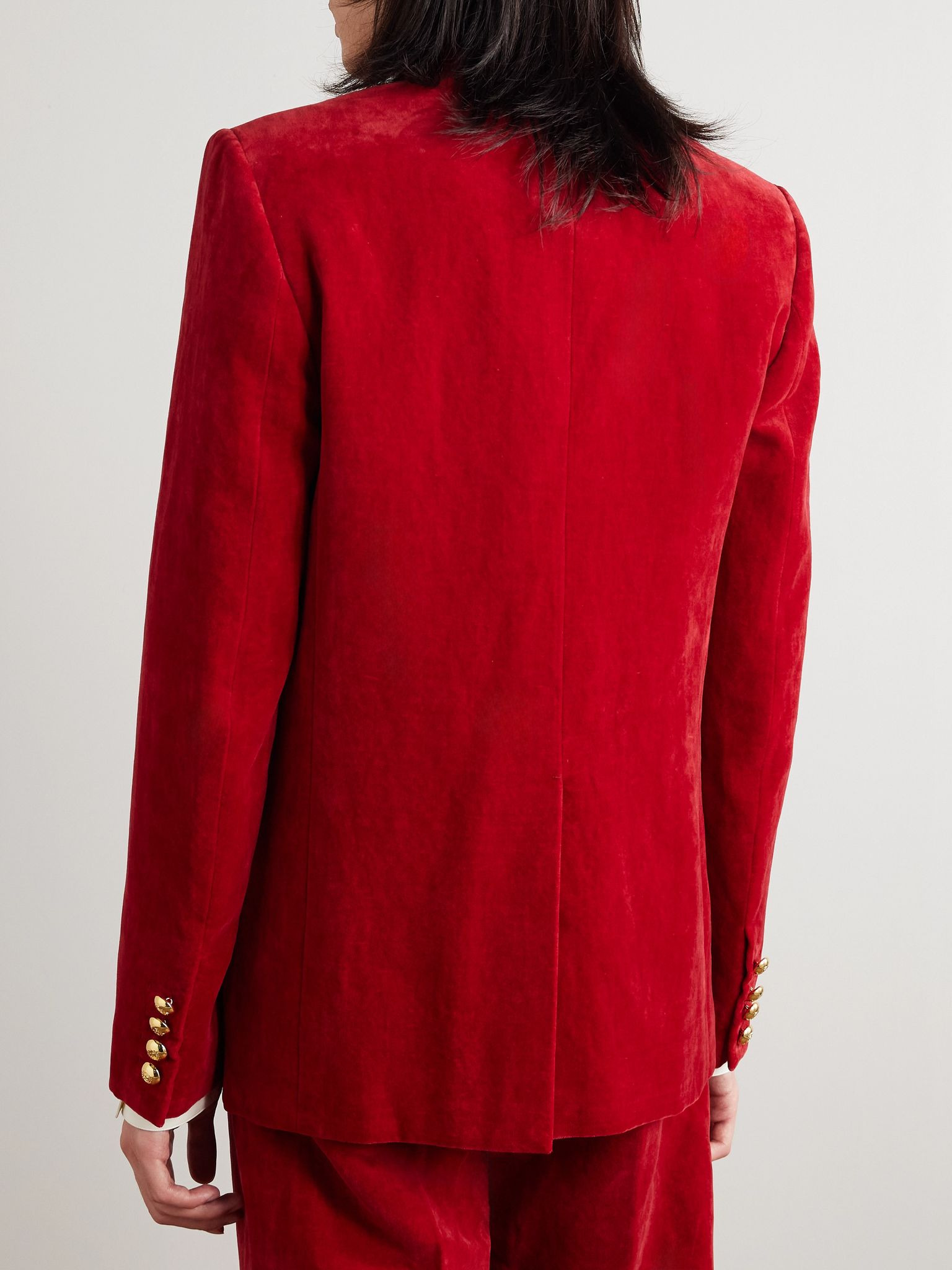 Double-Breasted Cotton and Linen-Blend Velvet Blazer Red - 3