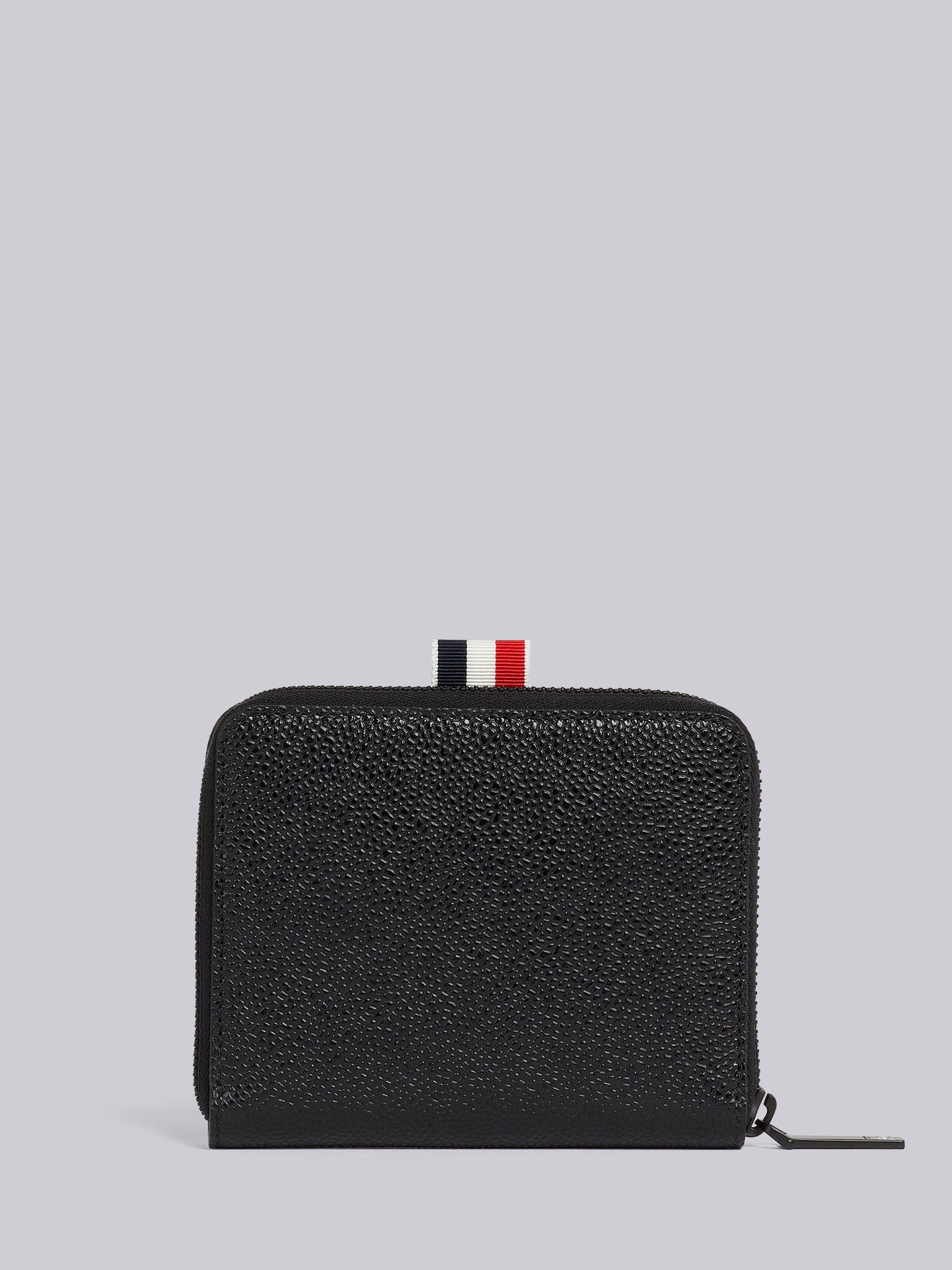 Black Pebble Grain Leather Tonal 4-Bar Brass Label Short Zip Wallet - 4