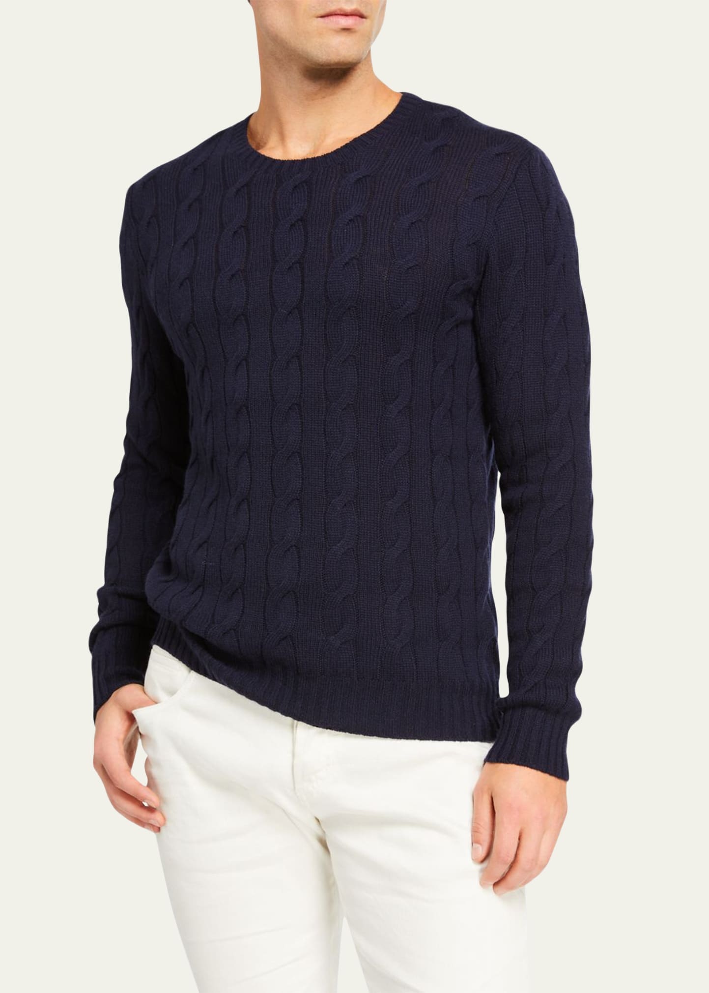 Cashmere Cable-Knit Crewneck Sweater, Navy - 2