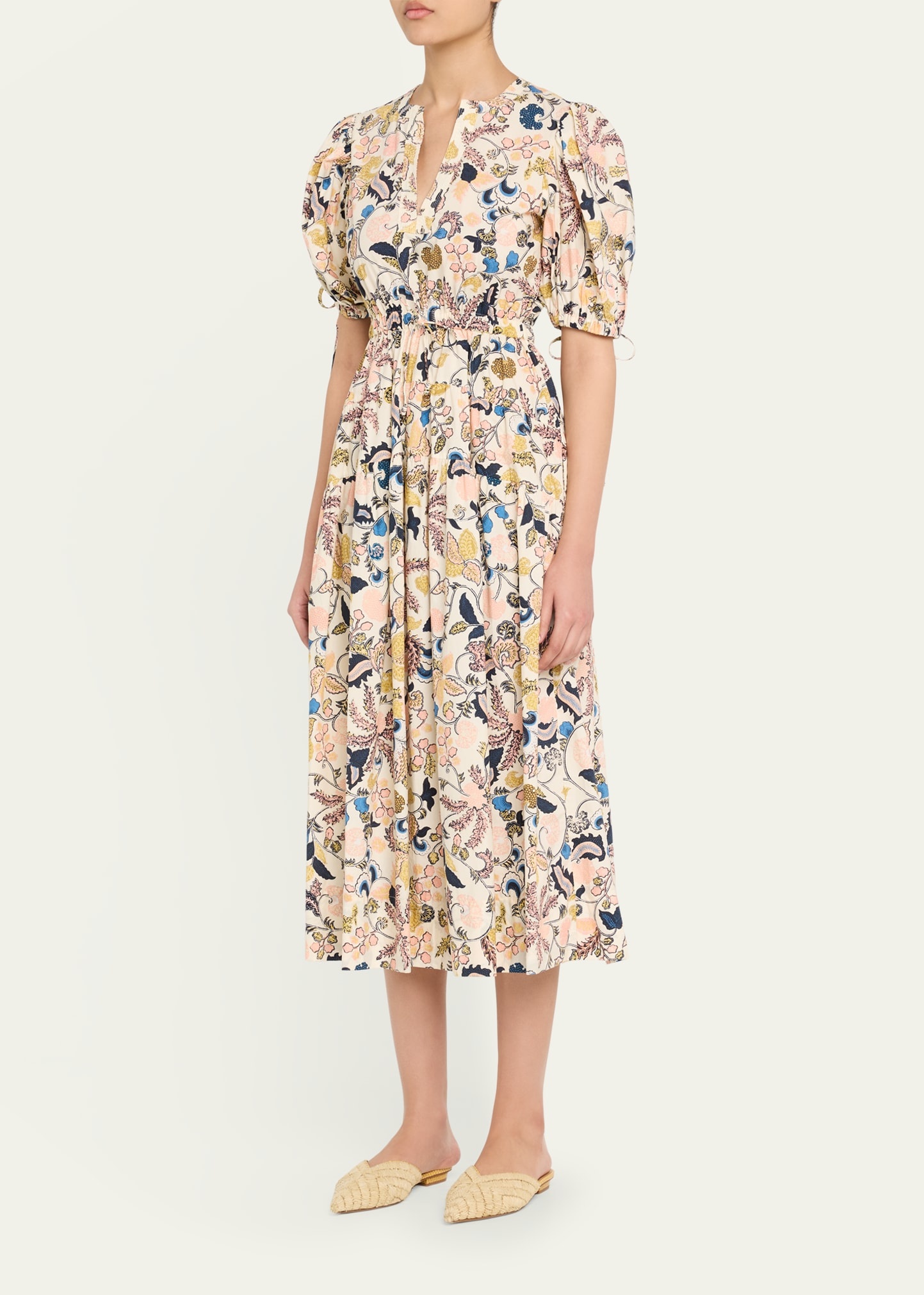 Adriana Puff-Sleeve V-Neck Midi Dress - 4