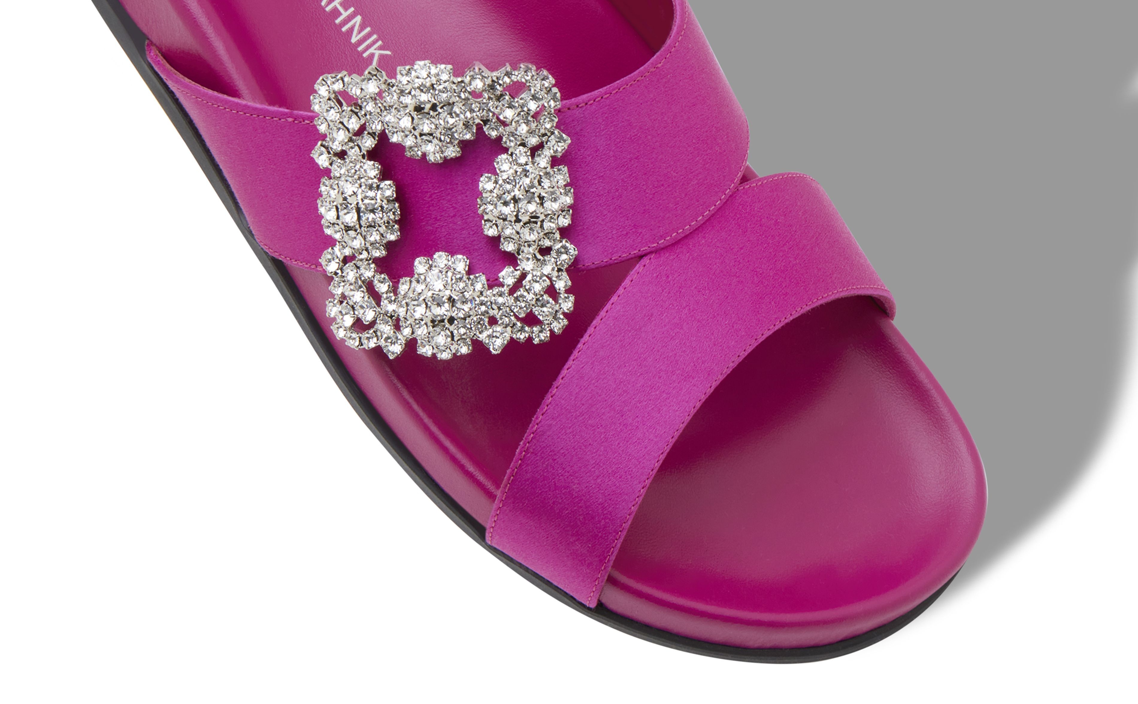 Fuchsia Satin Jewel Buckle Flat Mules - 4