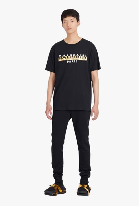 Oversized black eco-designed cotton T-shirt with white and gold Balmain logo print - 2