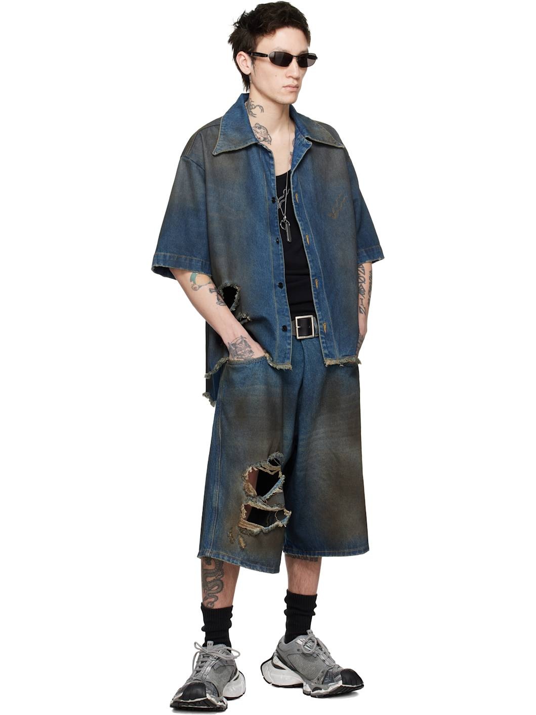 【関税込み】LU'U DAN ブルー Kriss Kross デニムショートパンツ LU'U DAN - DIRTY BLUE KRISS KROSS SHORTS