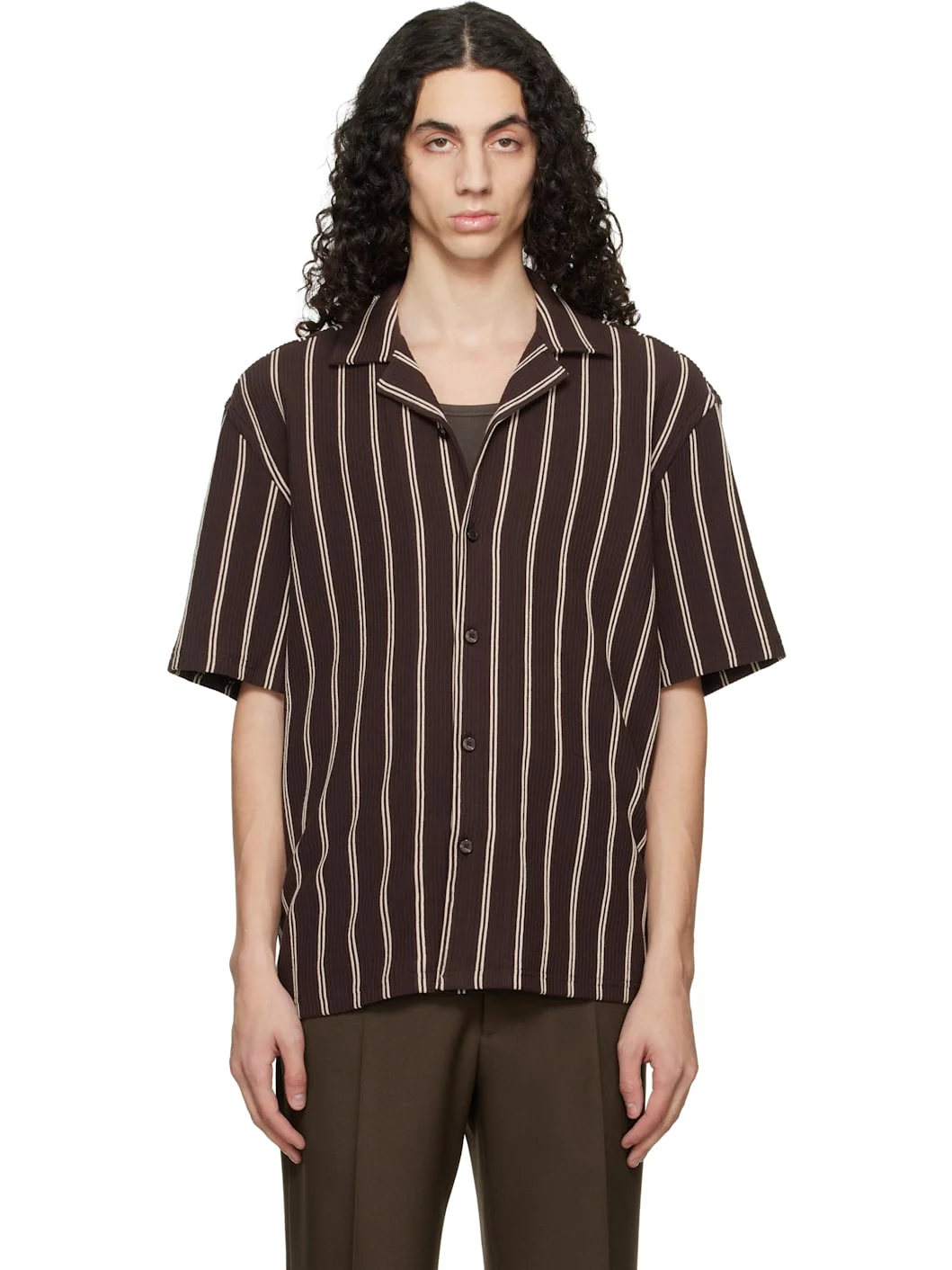 Brown Striped Relaxed-Fit Stretch Cotton Shirt - 1