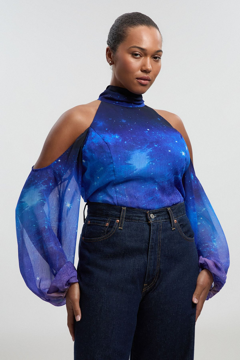 Plus Size Cosmic Cold Shoulder Woven Blouse 1