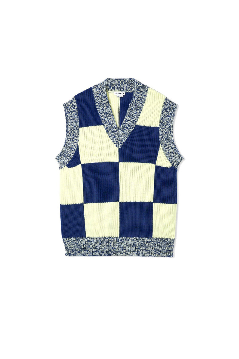 KNIT GILET / yellow & electric blue check 1