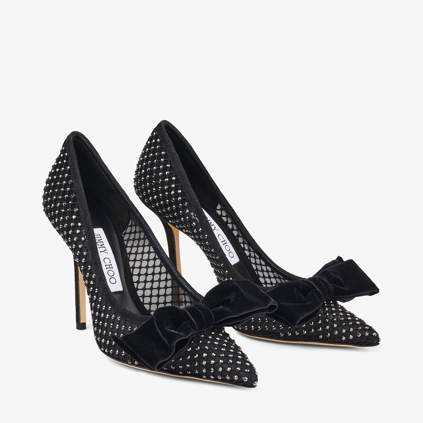 JIMMY CHOO Love 100 Black Crystal Mesh Pumps with Bow | REVERSIBLE