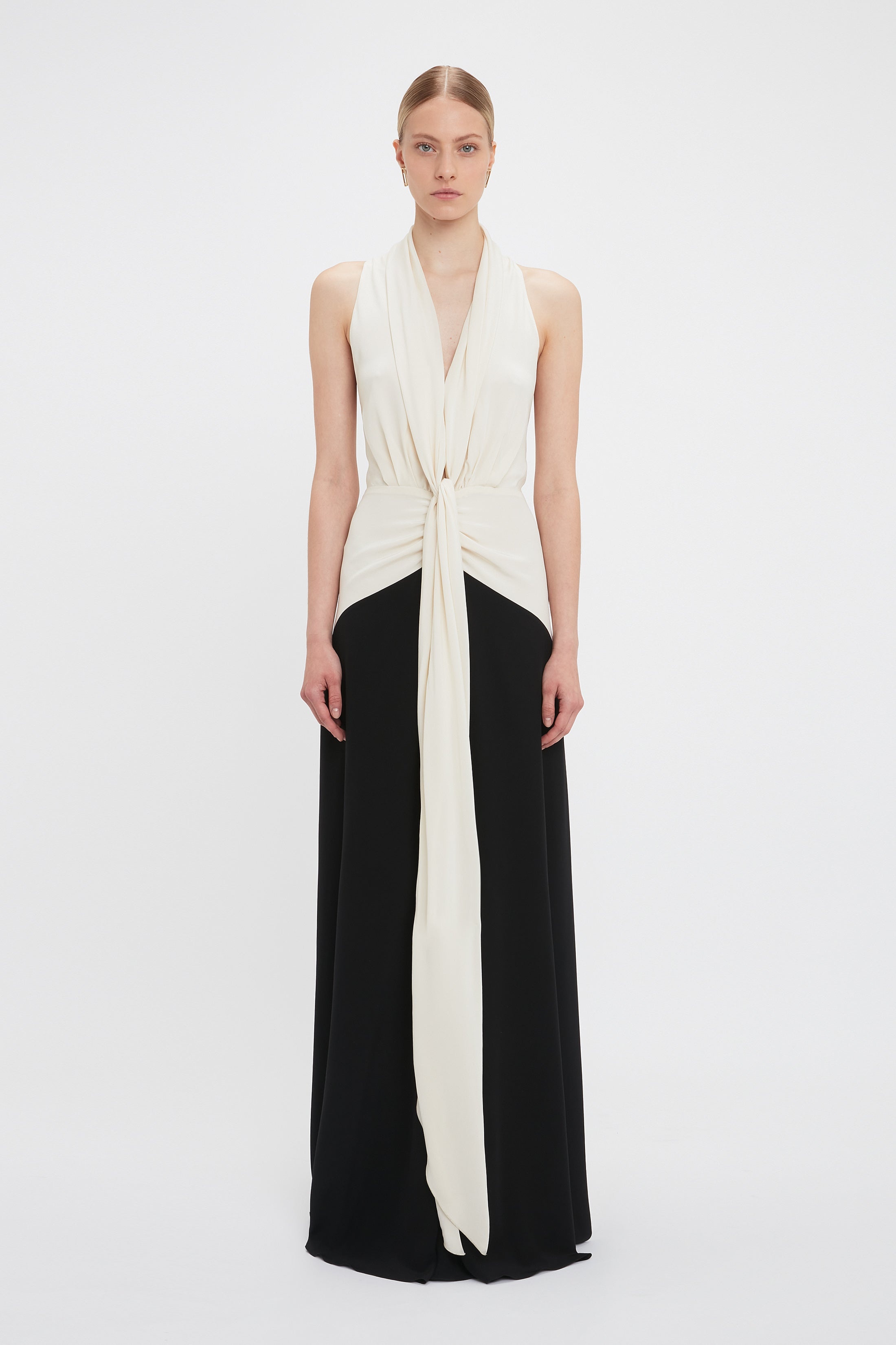 Exclusive Sleeveless Tie Detail Gown In Ivory-Black - 2