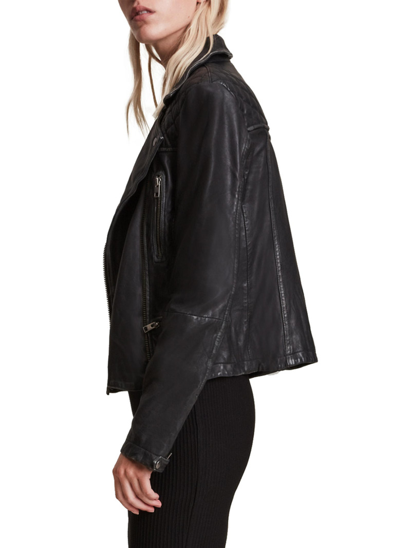 Women's Cargo Leather Biker Jacket - Black Grey 4
