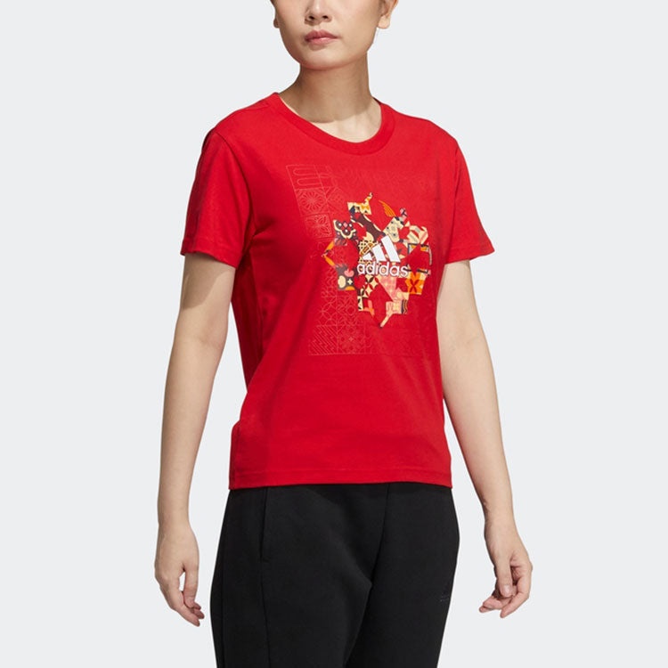 (WMNS) adidas Printing Logo Round Neck Short Sleeve Red HC2807 - 5