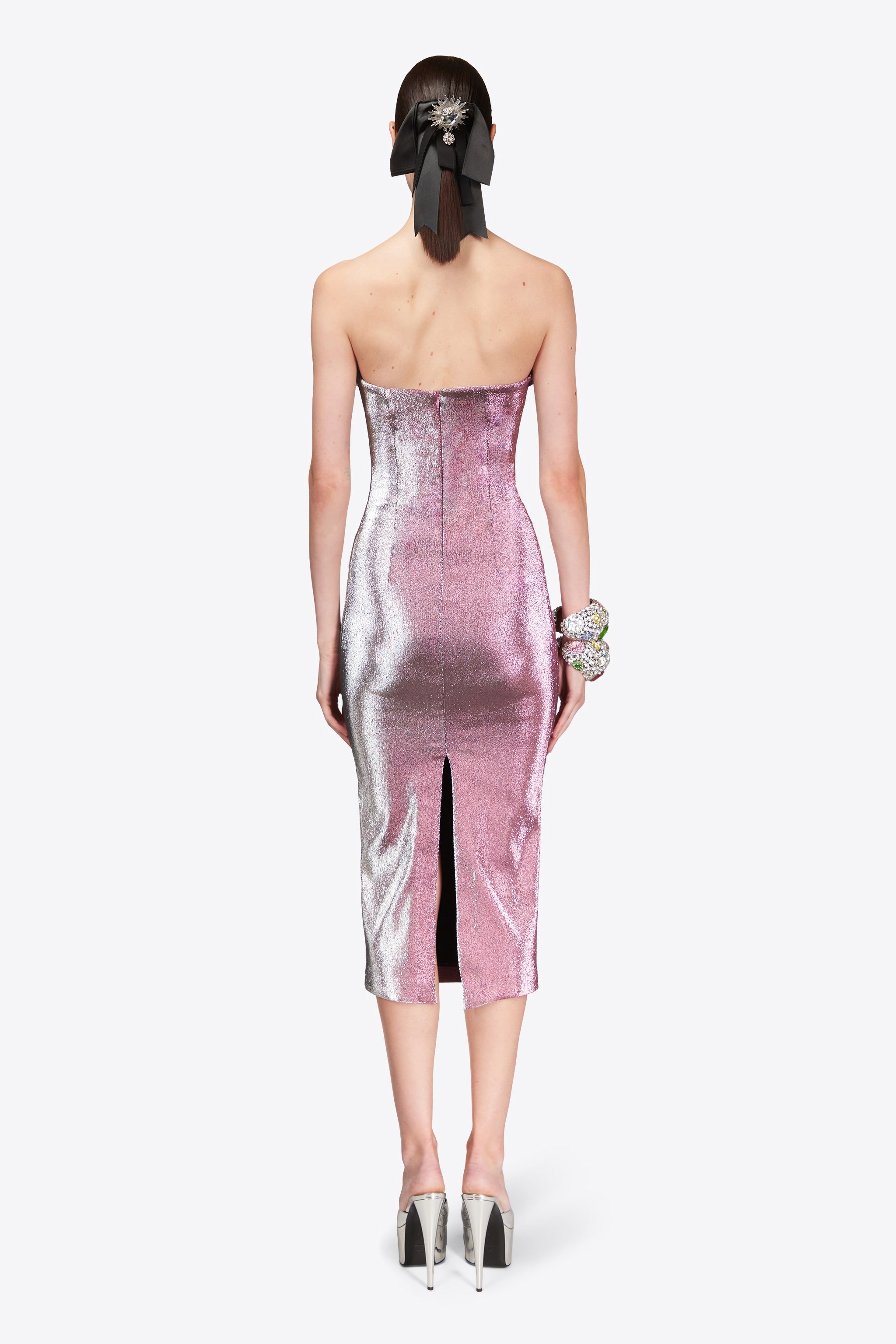 STRETCH LAME ROSETTE MIDI DRESS - 6