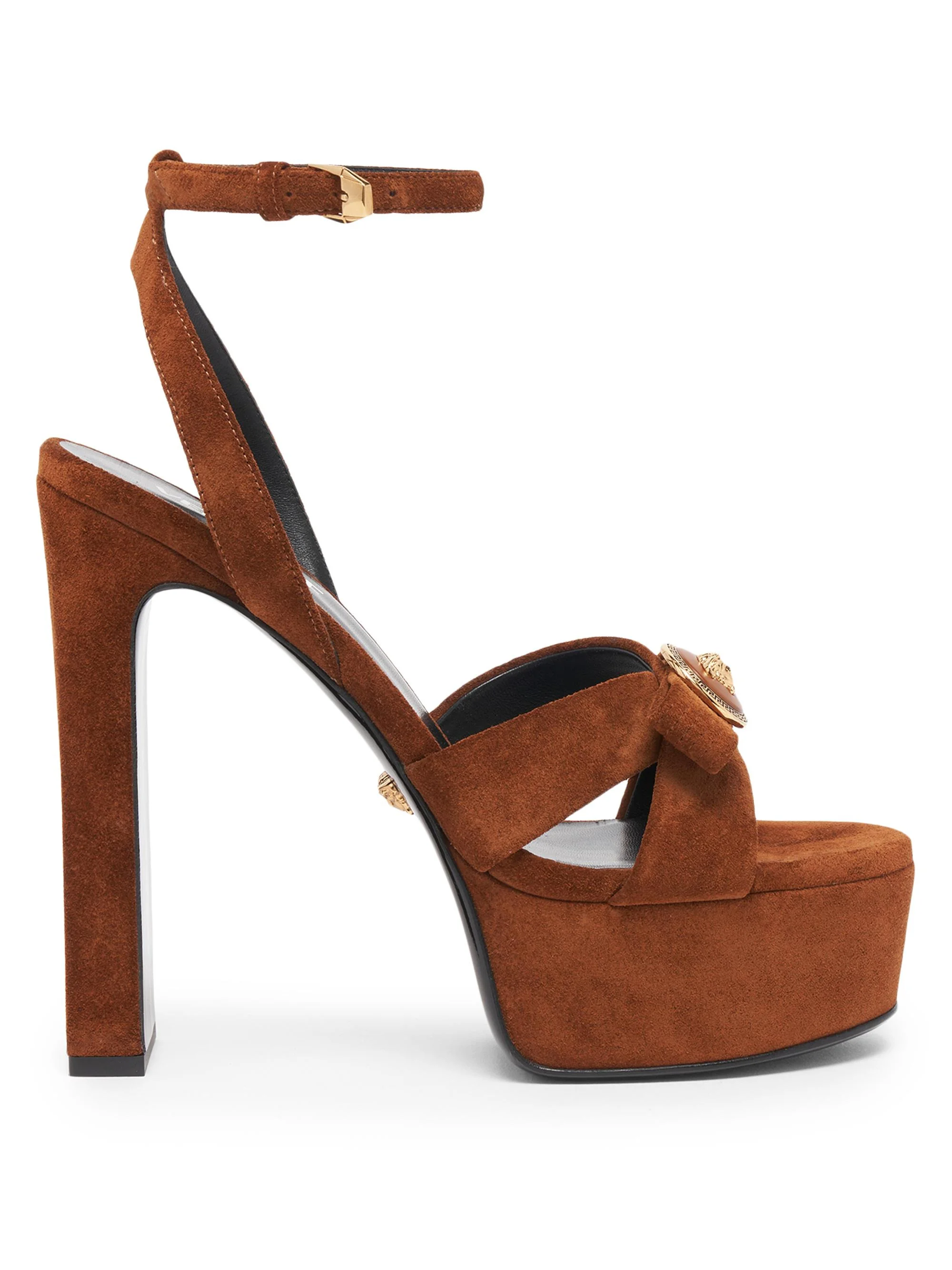 Women's Gianna 140MM Suede Platform Sandals - Spice Brown Versace Gold - 1