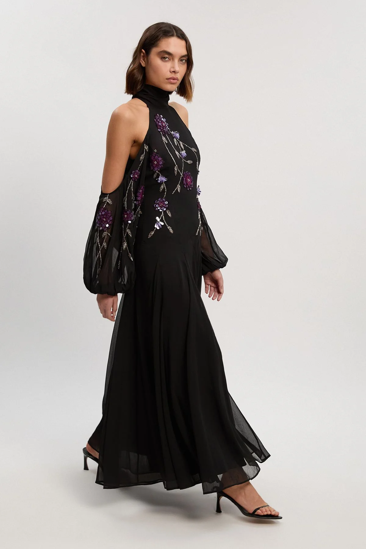 Cold Shoulder 3D Floral Applique Woven Maxi Dress - 1