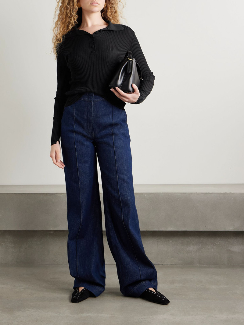 Another Tomorrow Ribbed-knit polo sweater Black outlook