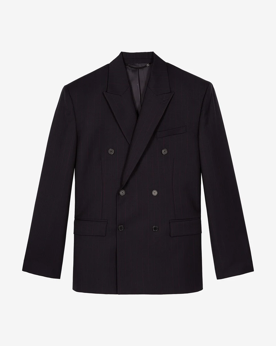 NAVY PINSTRIPE DOUBLE-BREASTED SUIT JACKET - 1