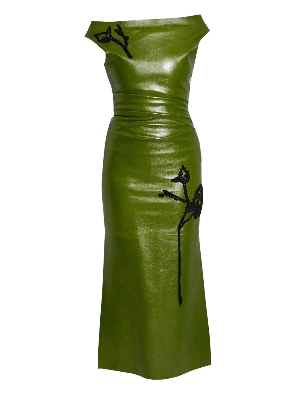 embroidered off-shoulder leather midi dress - 1