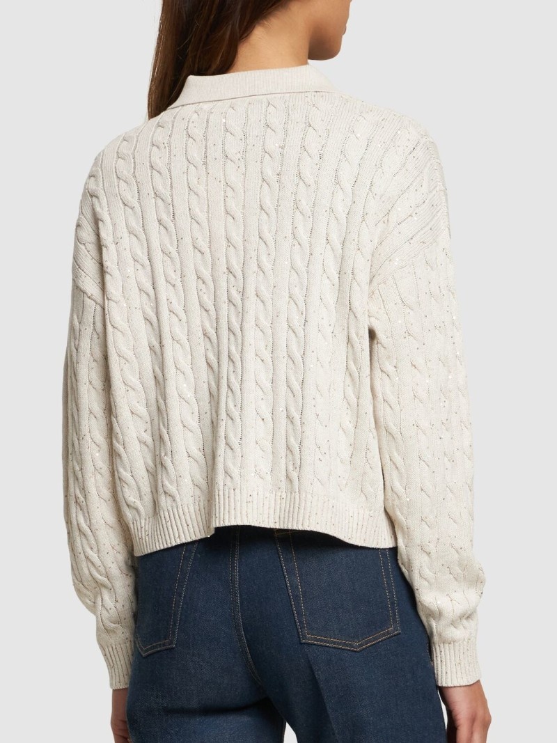 Cotton blend cable knit polo sweater - 3