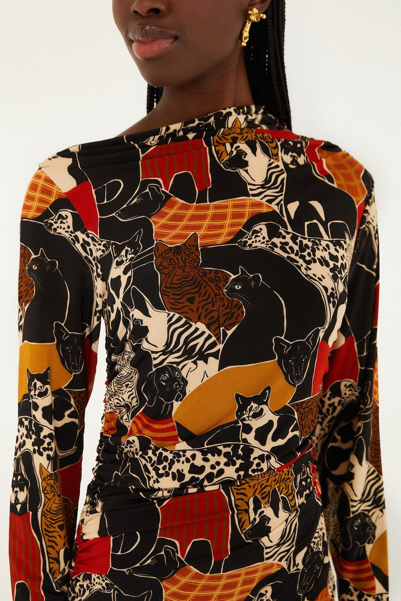 FARM RIO Multicolor Cats And Dogs Long Sleeve Draped Midi Dress outlook