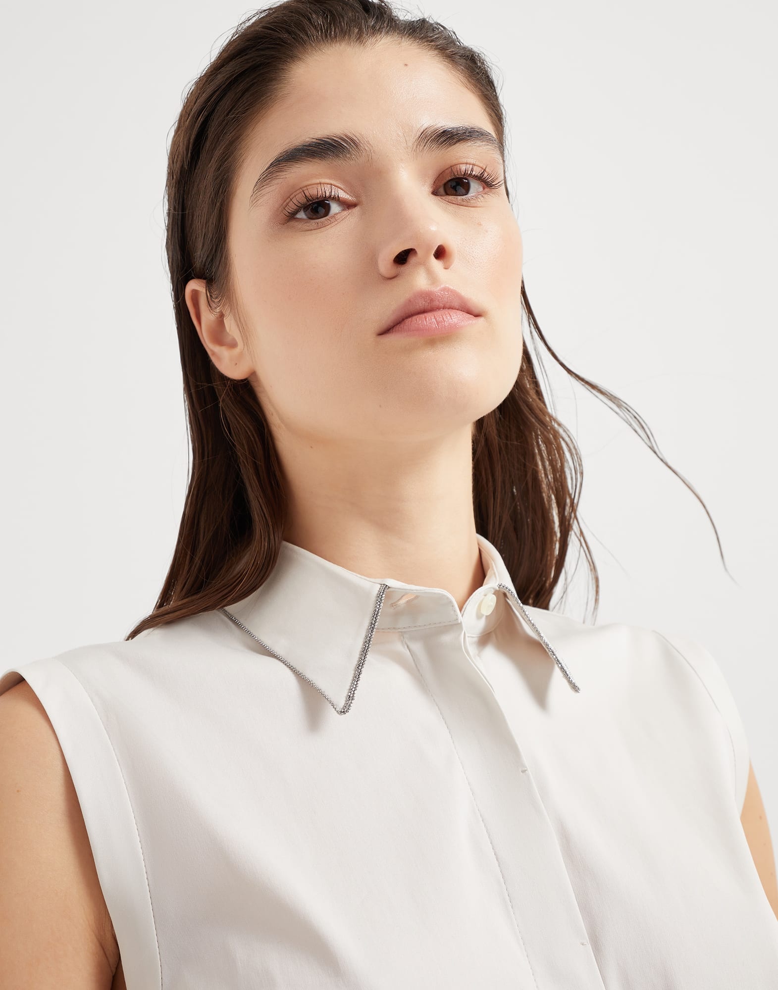 Stretch cotton poplin sleeveless shirt with shiny trim - 3