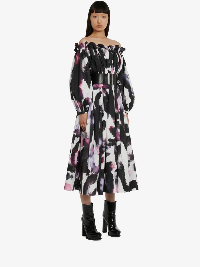 Women's Watercolour Graffiti Off-the-shoulder Midi Dress in White/multicolor - 3
