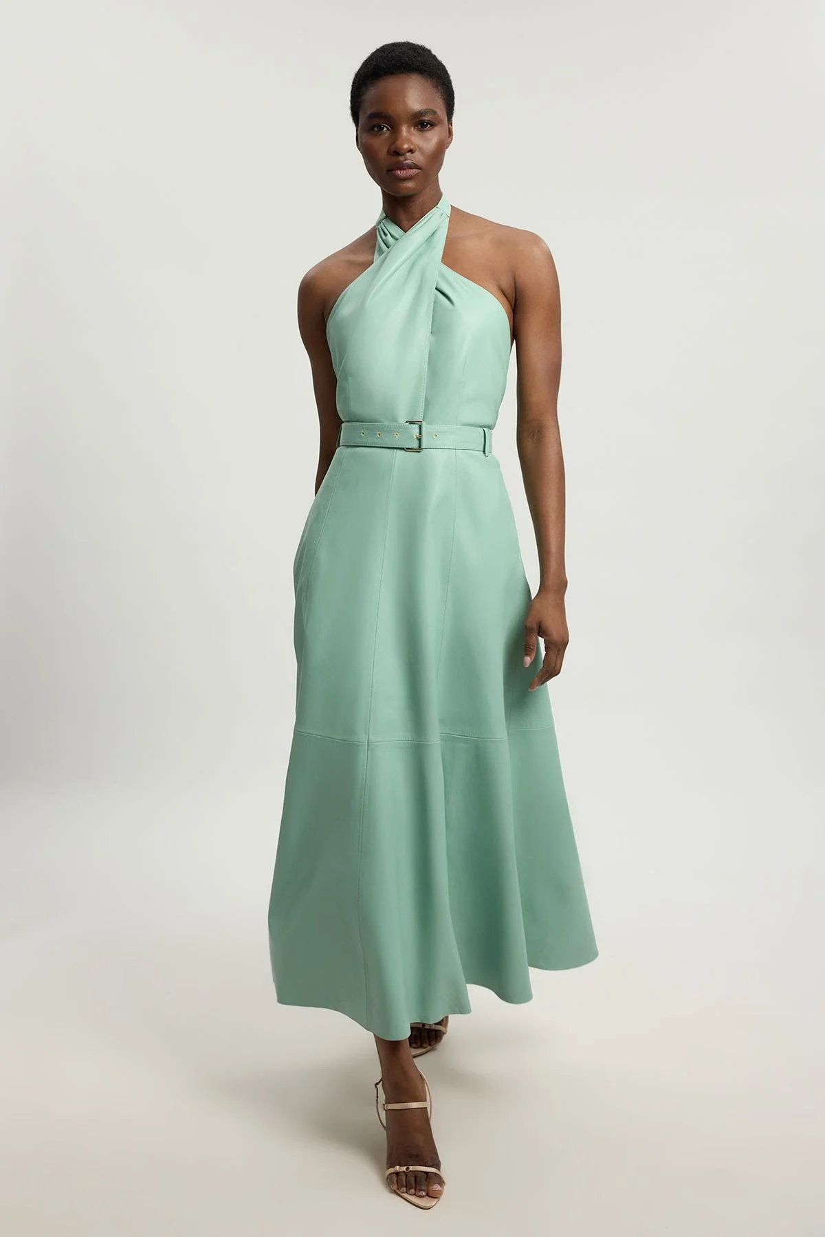 Leather Cross Halter Neck Midi Dress - 1