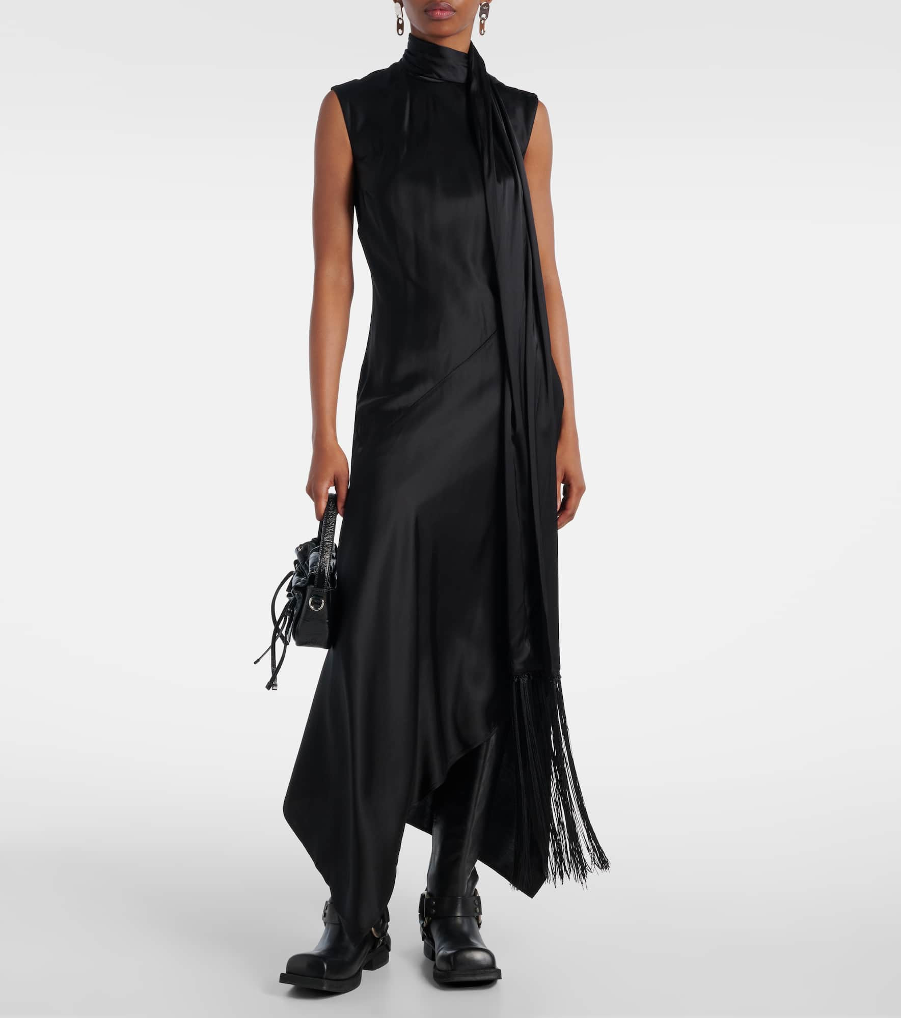 Fringed scarf-detail satin midi dress - 2