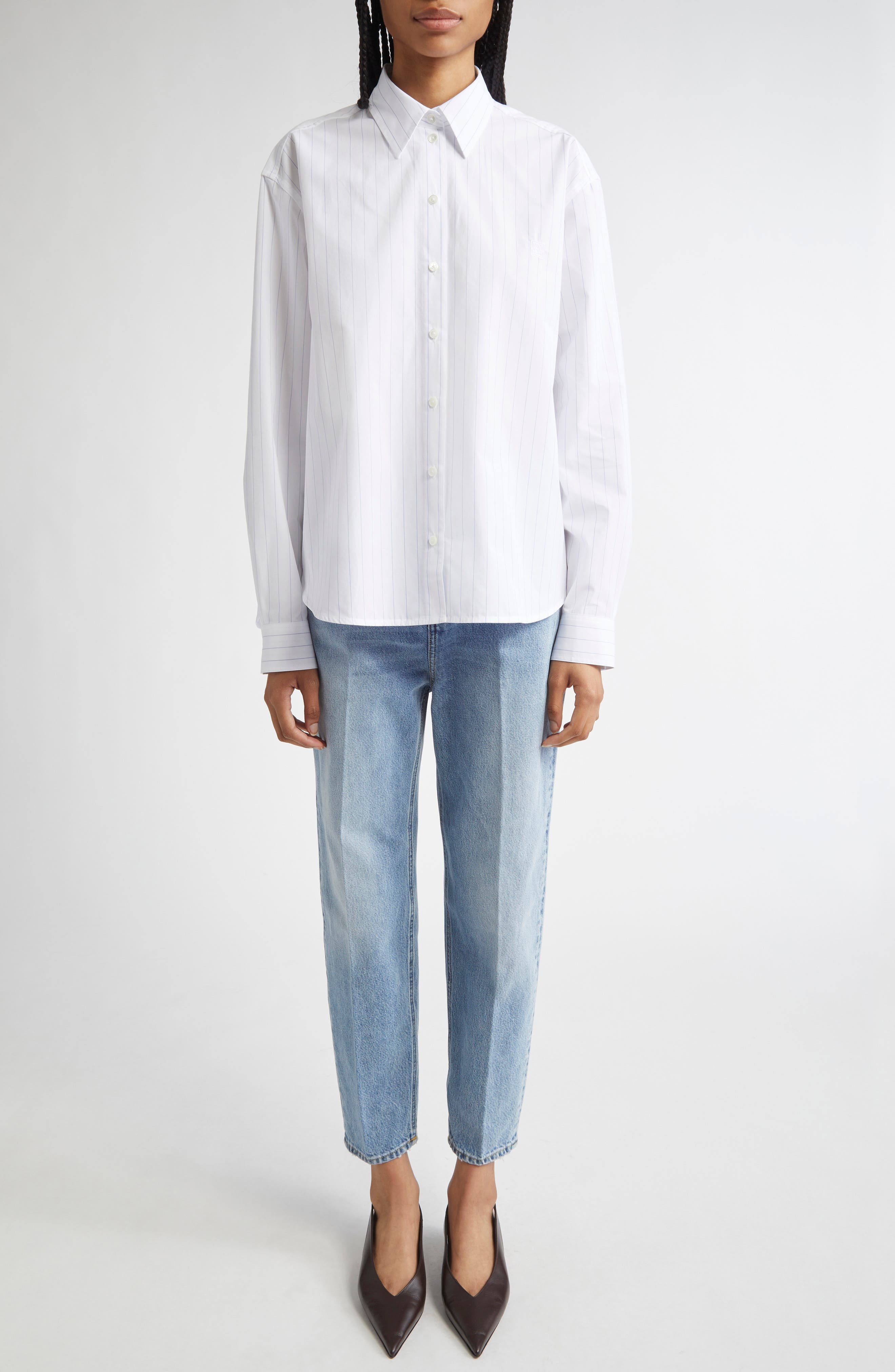 TOTEME Monogram Stripe Organic Cotton Poplin Button-Up Shirt in White/Cobalt Pinstripe at Nordstrom - 2