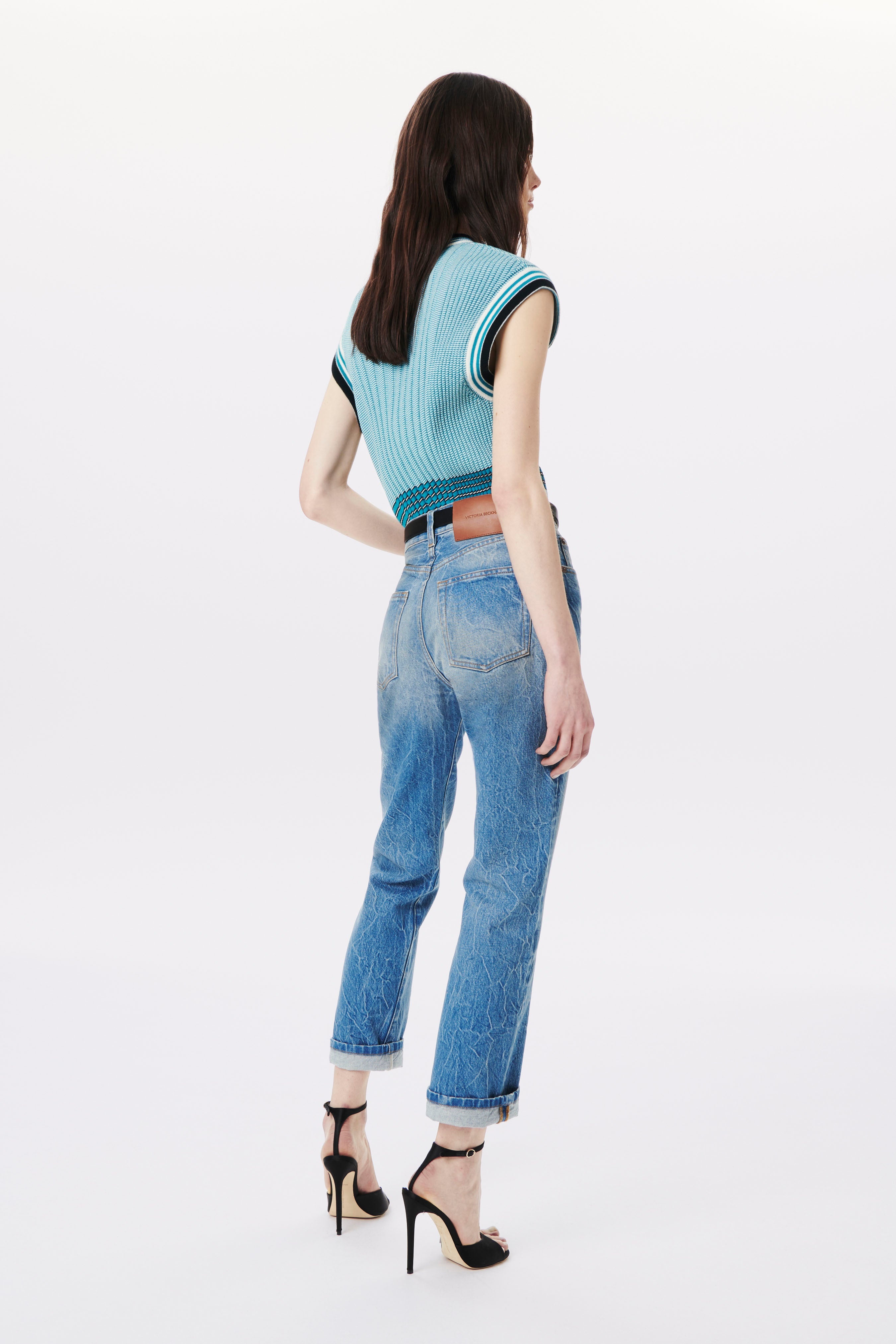 Knitted Crew-Neck Tank Top in Teal Stripe - 5
