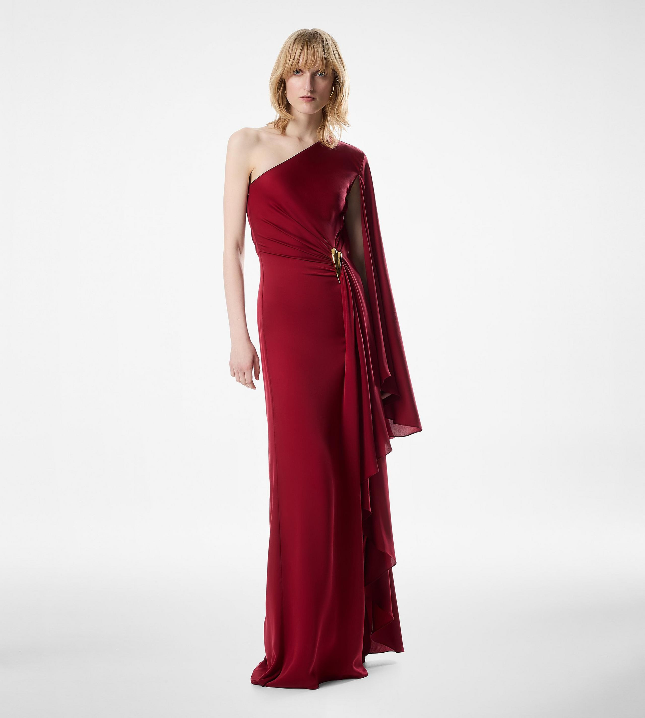 ONE SHOULDER EVENING DRESS WITH CAPE AND LIZA HARDWARE DETAIL - 3