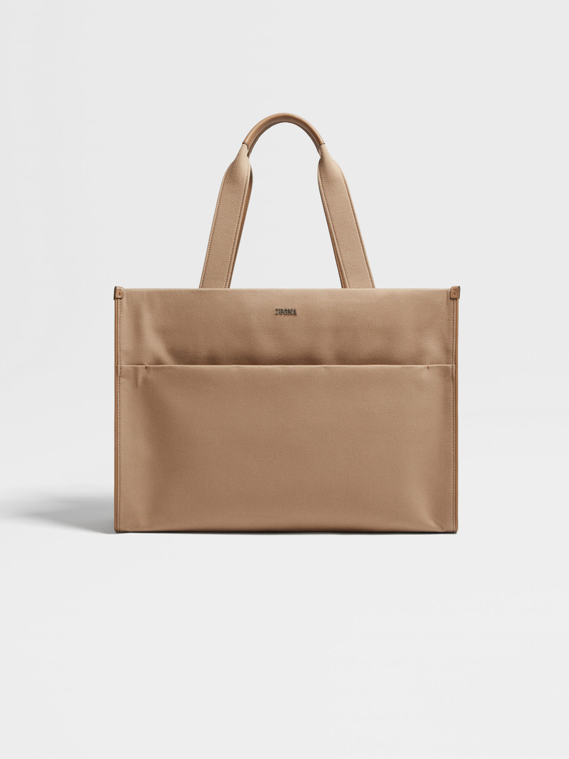 DARK BEIGE COTTON AND LEATHER TOTE BAG E/W 1