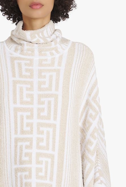 Sand-colored and white knit poncho with Balmain monogram - 6