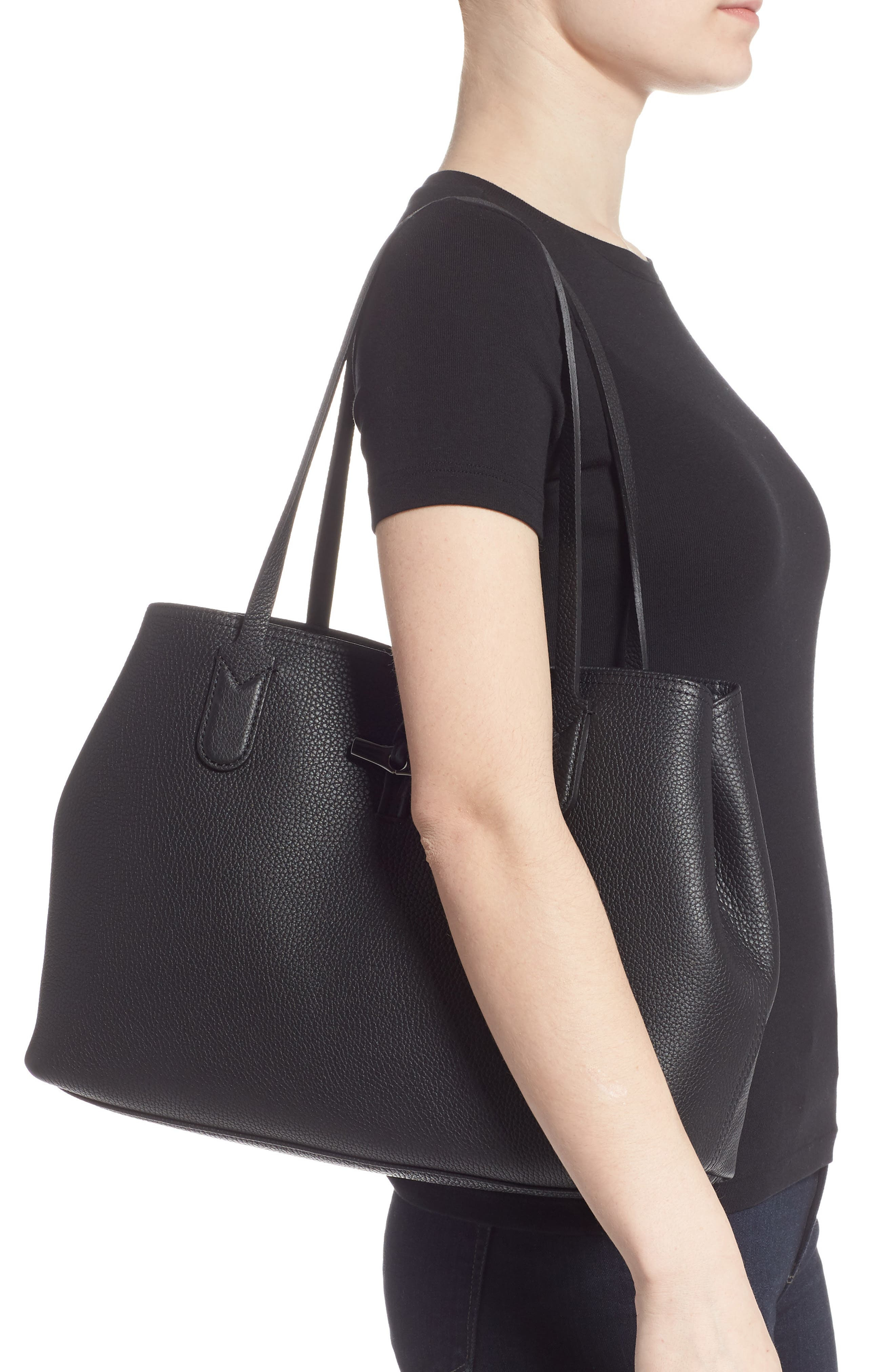 Longchamp Roseau Essential Mid Leather Tote in Black at Nordstrom - 3