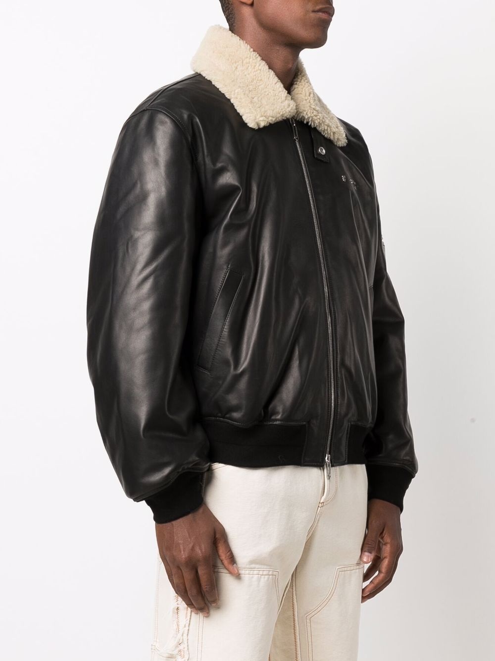 shearling-collar leather flight jacket - 3