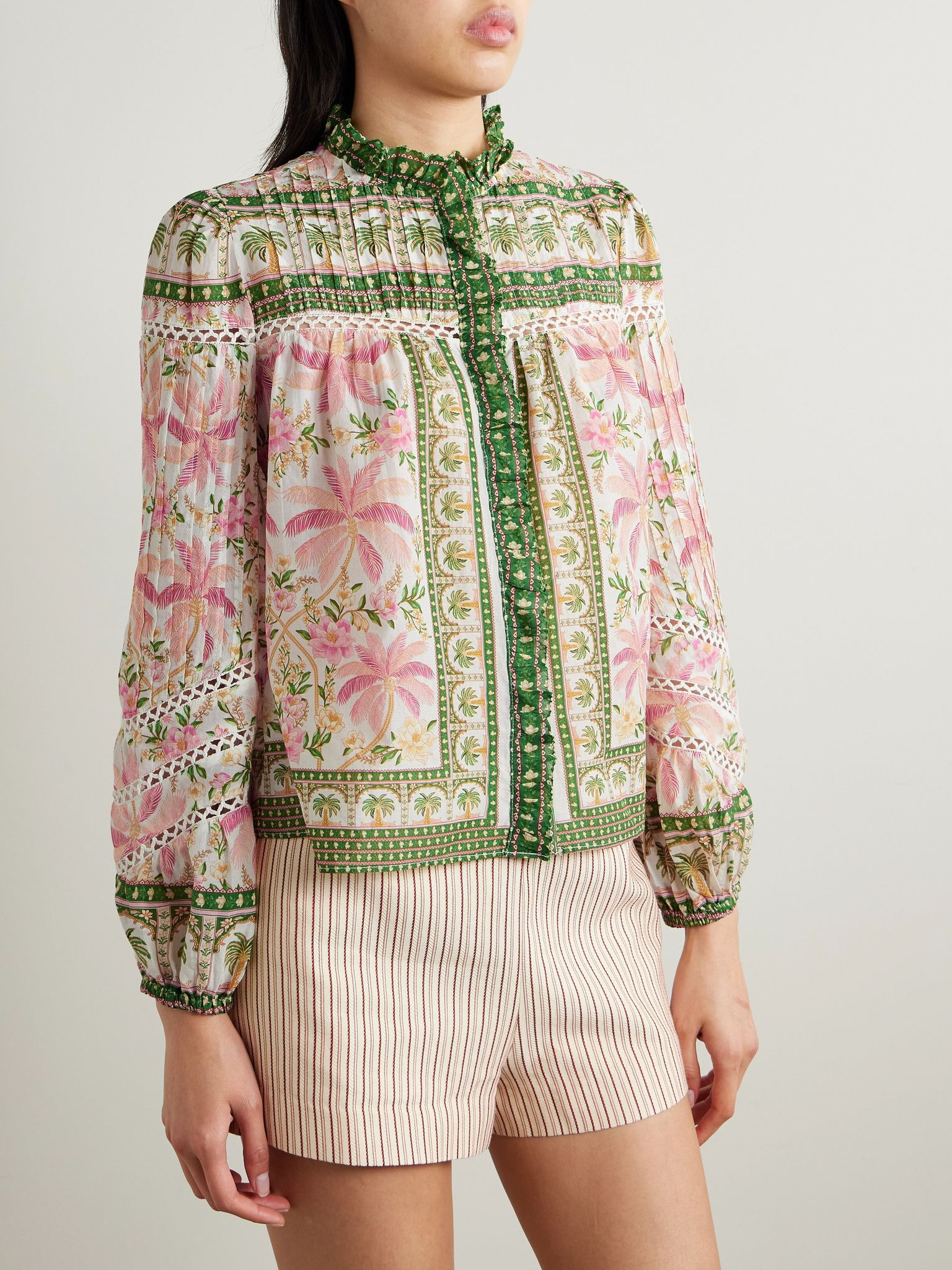 Crochet-trimmed pintucked printed cotton-voile blouse Pink - 3