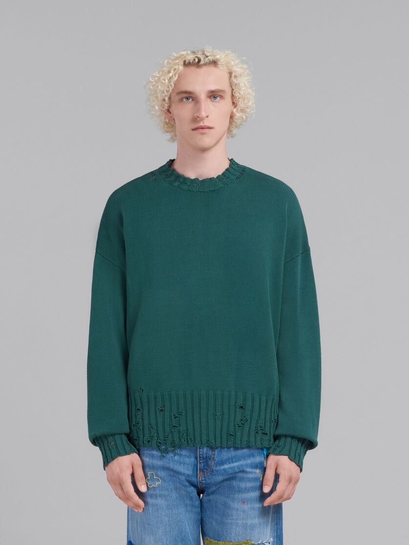 GREEN COTTON CREWNECK SWEATER - 2