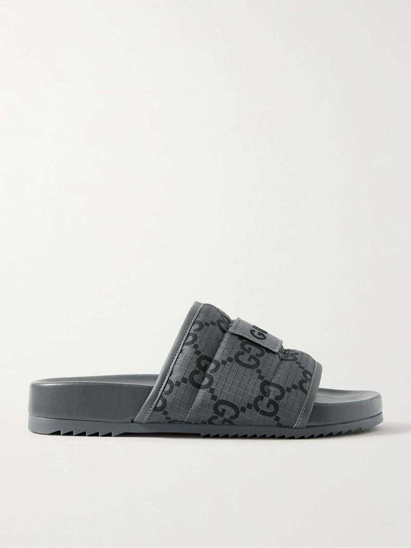 Leather-Trimmed Logo-Appliquéd Monogrammed Padded Ripstop Slides - 1