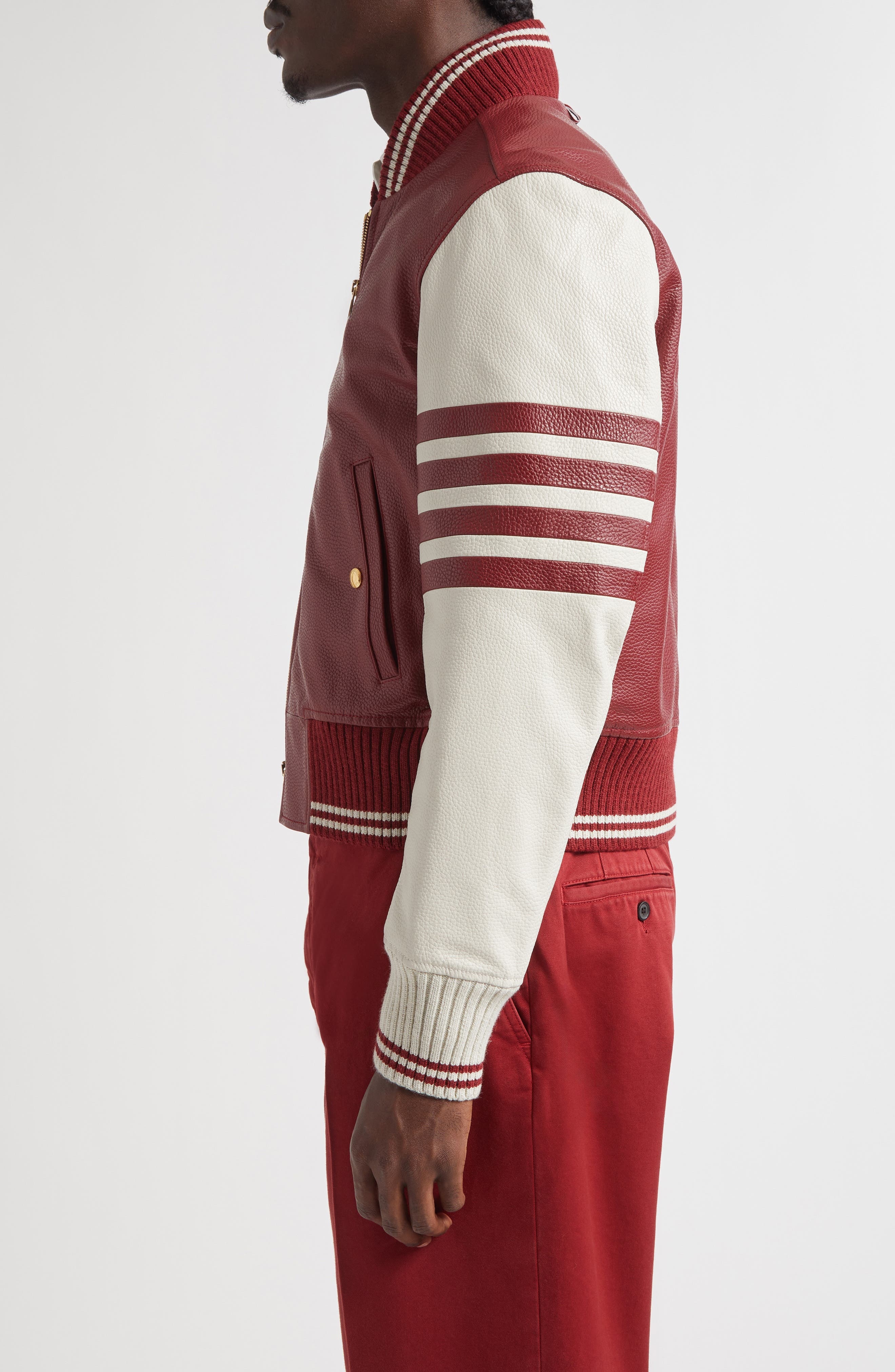 Thom Browne 4-Bar Leather Varsity Jacket in Burgundy at Nordstrom - 4