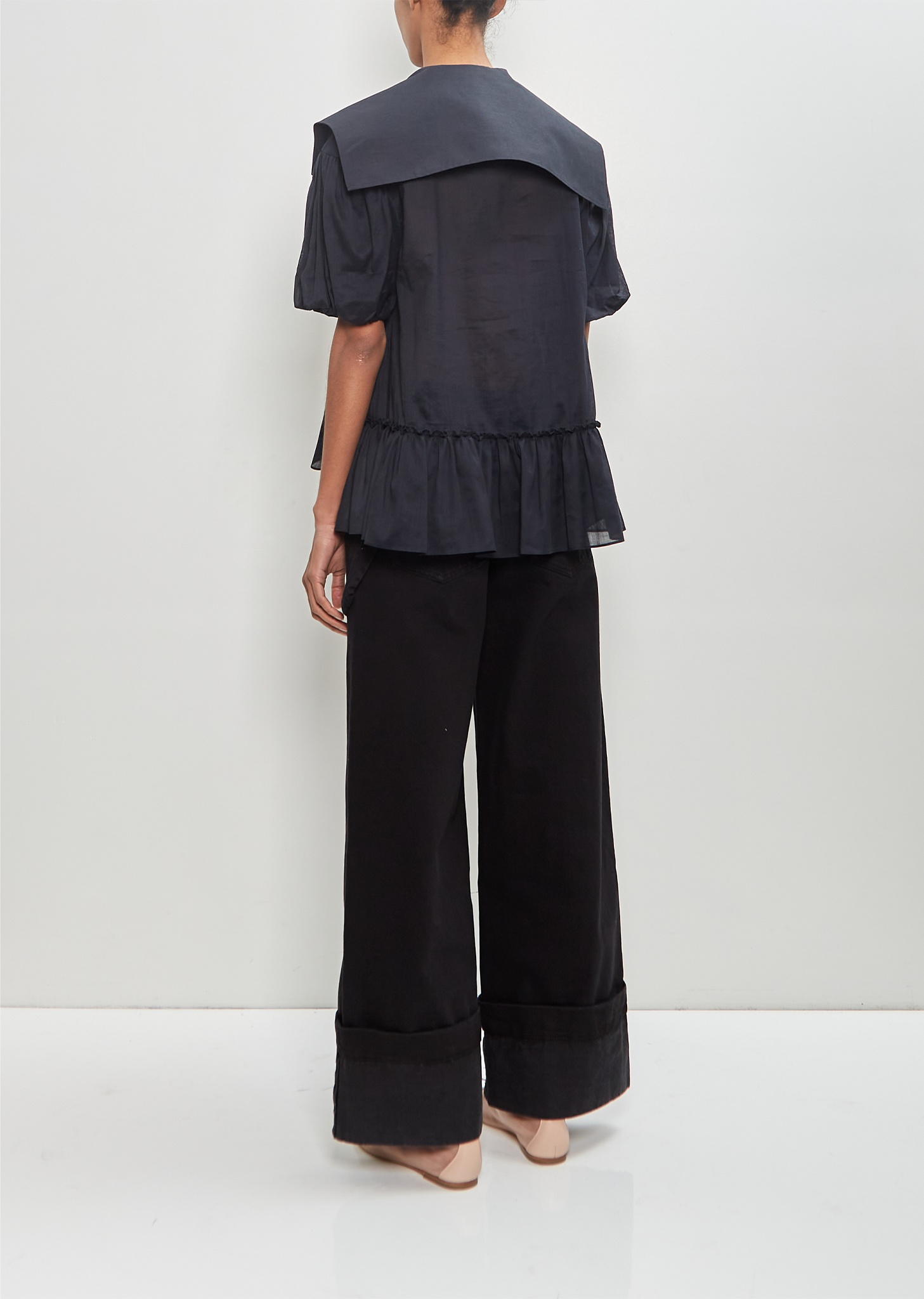 Ramie Cotton Sailor Collar Puff Sleeve Shirt - 3