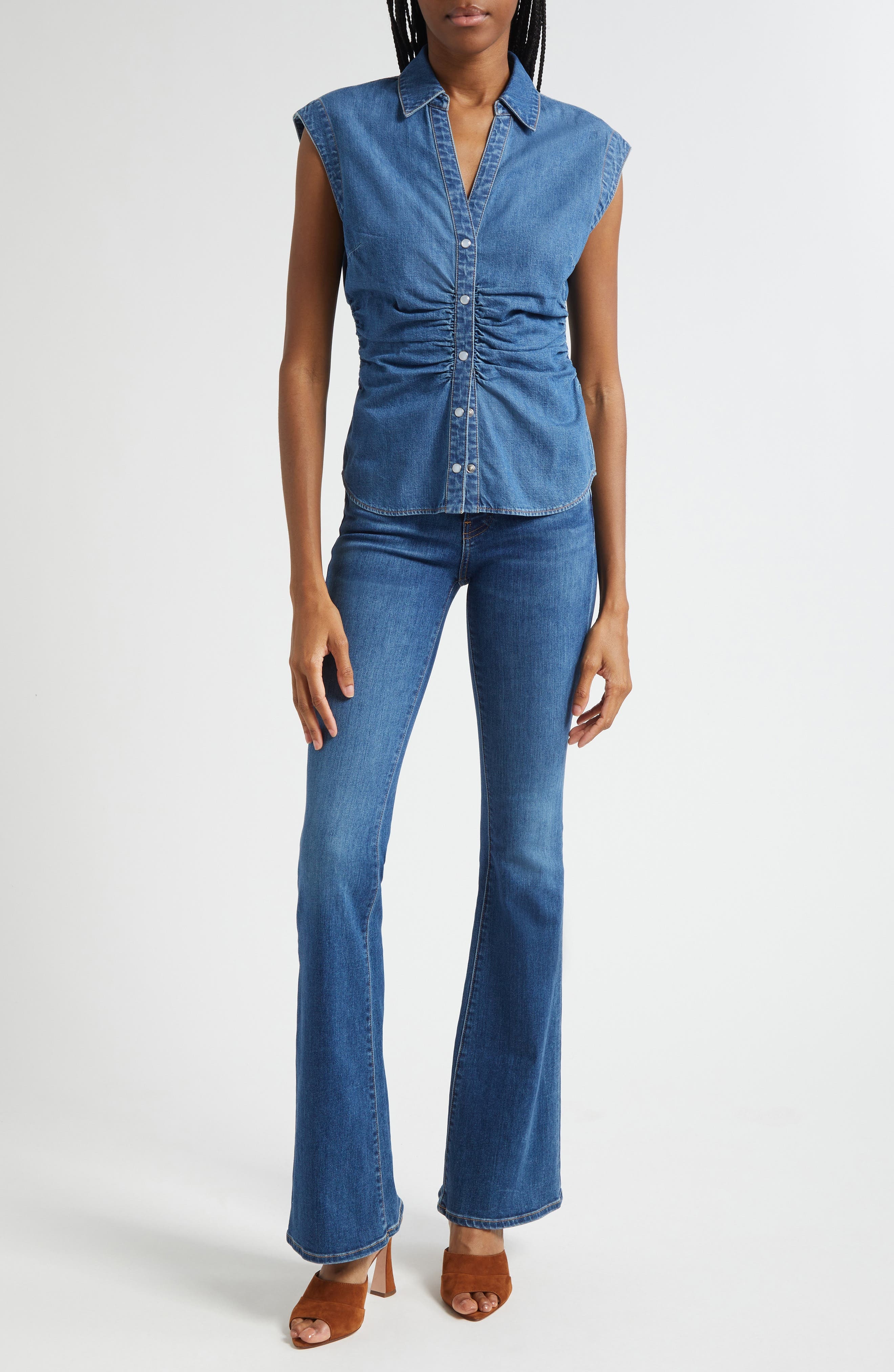 Veronica Beard Sera Center Ruched Sleeveless Denim Button-Up Shirt in Serendipity at Nordstrom - 1