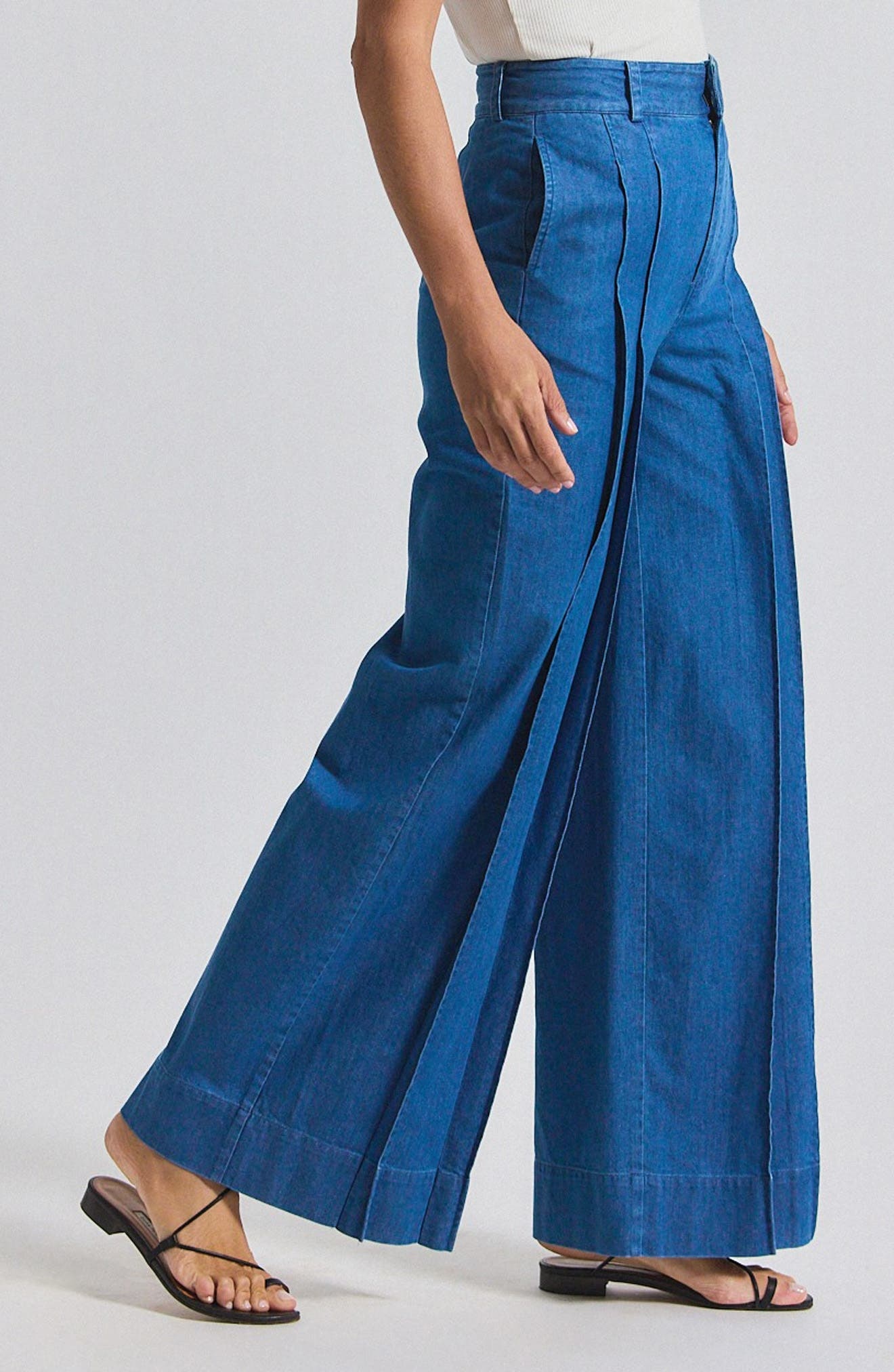 Derek Lam 10 Crosby Katrina Pleat Detail Wide Leg Chambray Cotton Pants in Keri at Nordstrom - 3