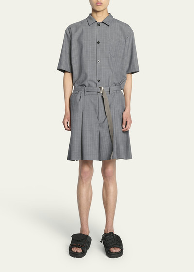 sacai Men's Pinstripe Pleated-Back Belted Shorts outlook