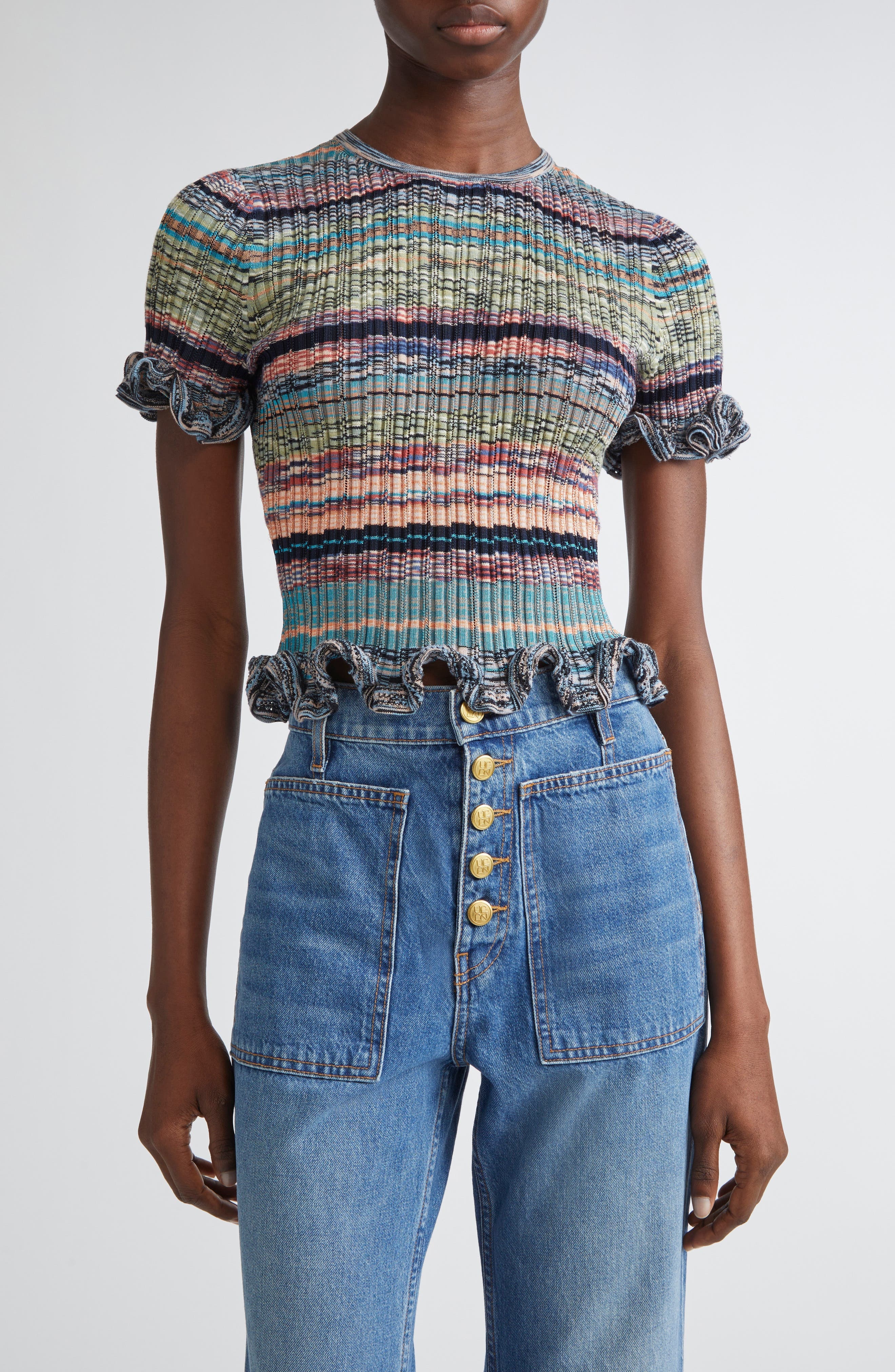 Ulla Johnson Miya Ruffle Space Dye Top in Azurite at Nordstrom - 1