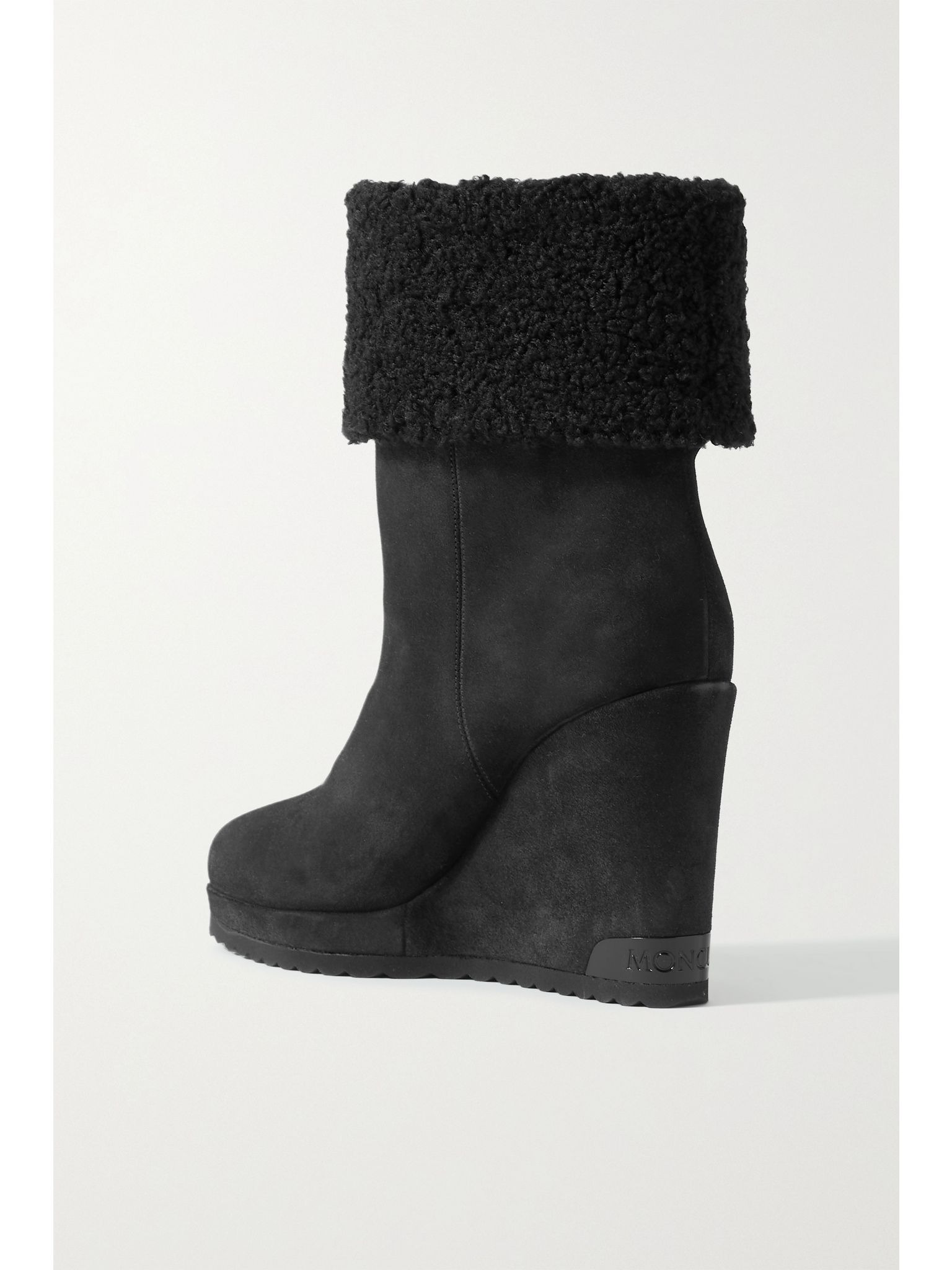 W Short faux shearling-lined suede wedge ankle boots Black - 3